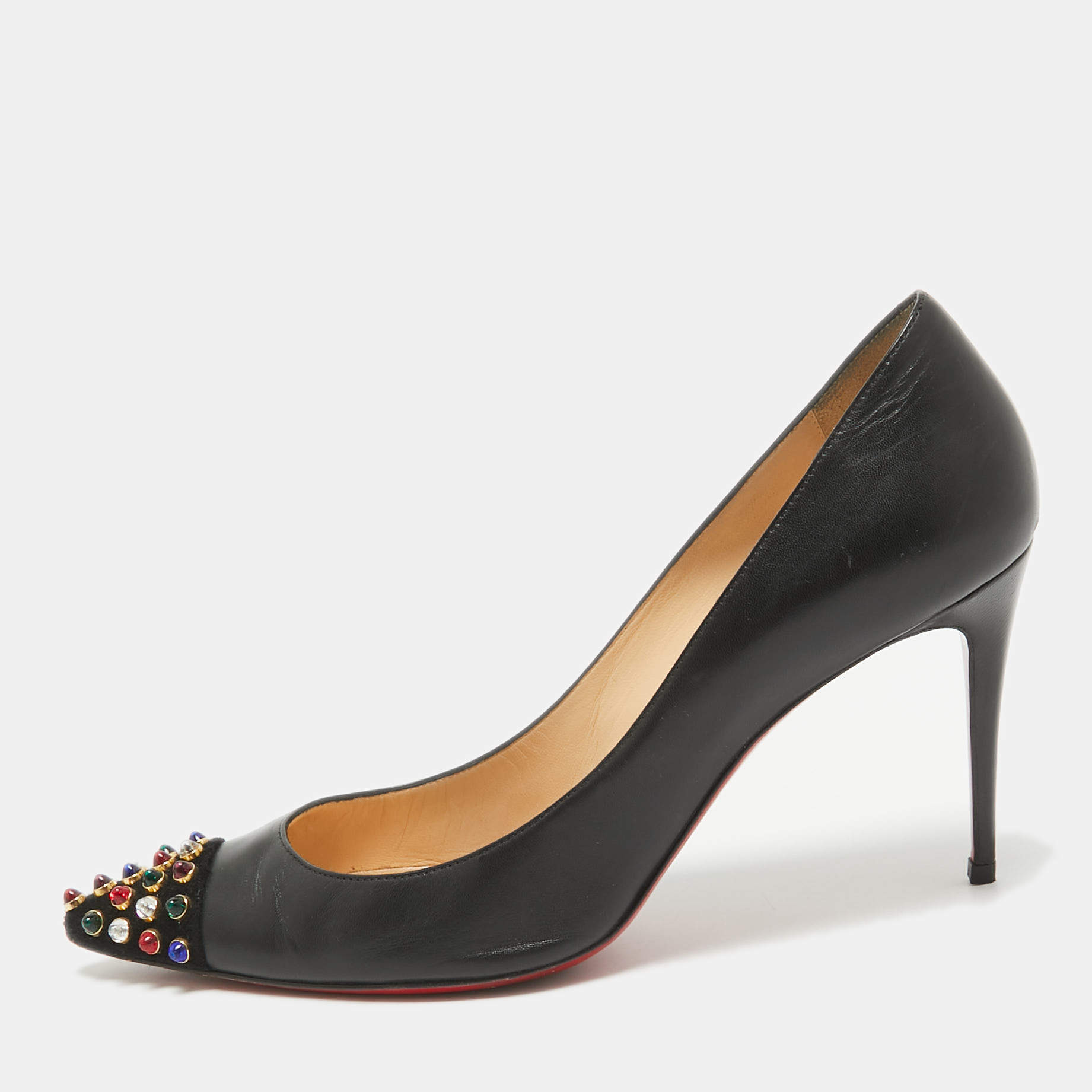 Pre Owned Christian Louboutin Black Leather Studded Cabo Pumps Size 38.5