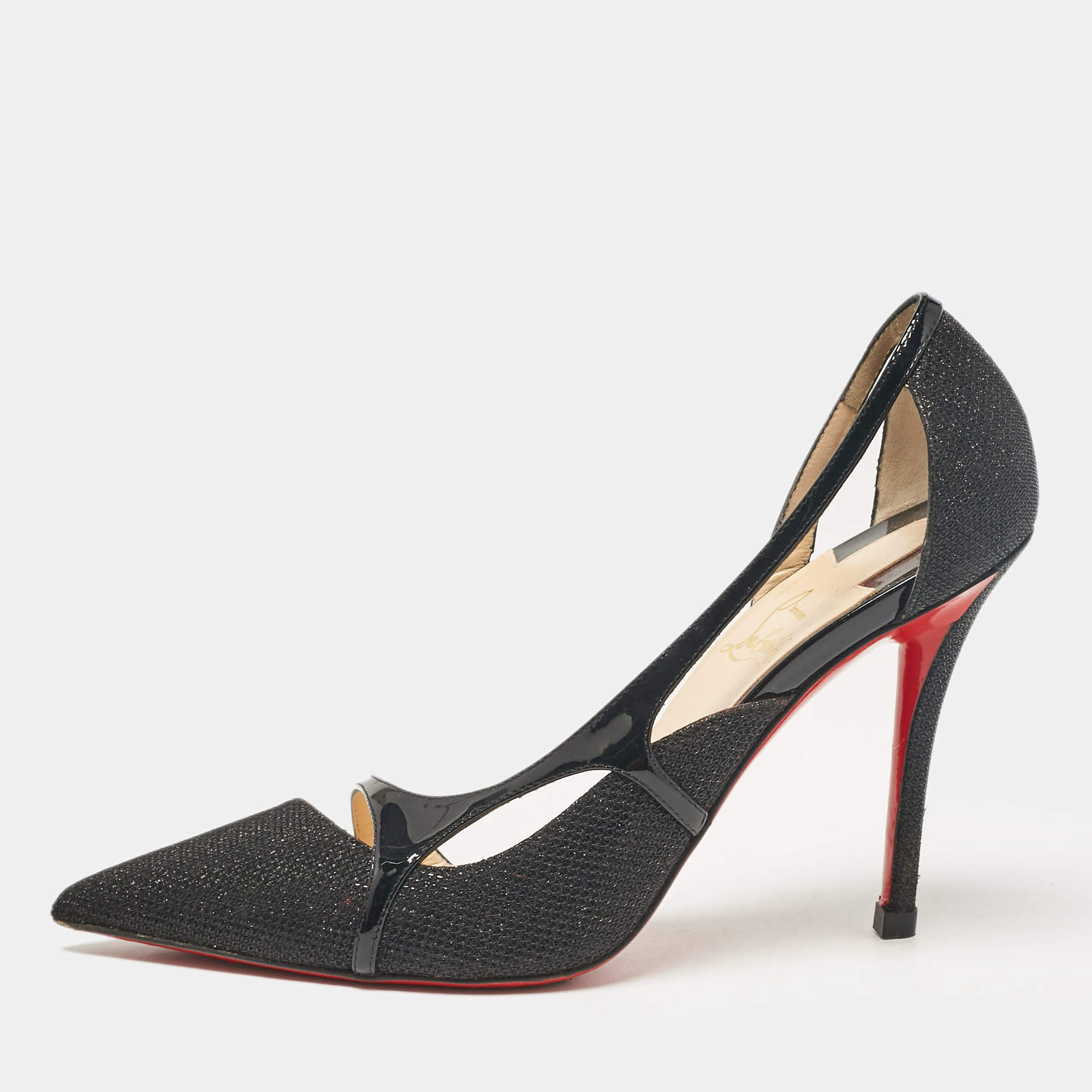 Pre Owned Christian Louboutin Black Lurex Fabric and Patent Leather Edith D'orsay Pumps Size 38