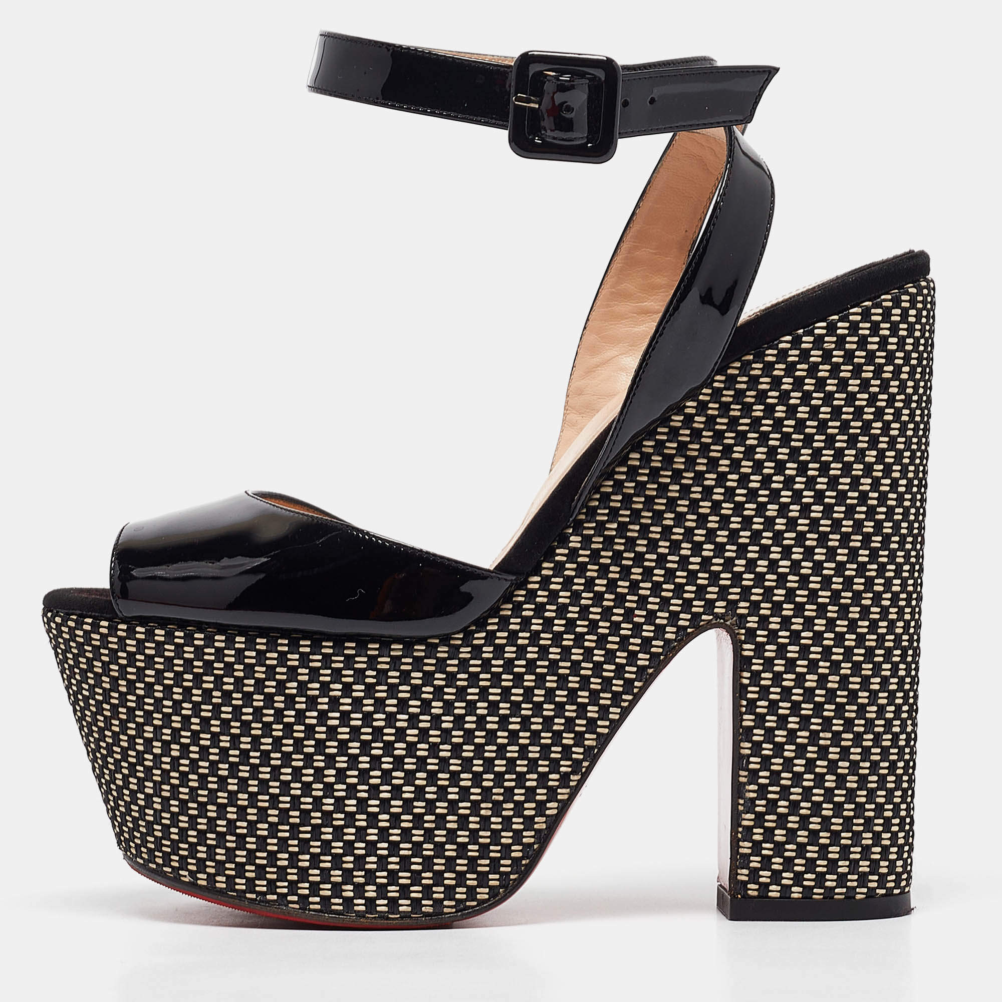 Pre Owned Christian Louboutin Black Patent Leather Platform Ankle Strap Sandals Size 37.5