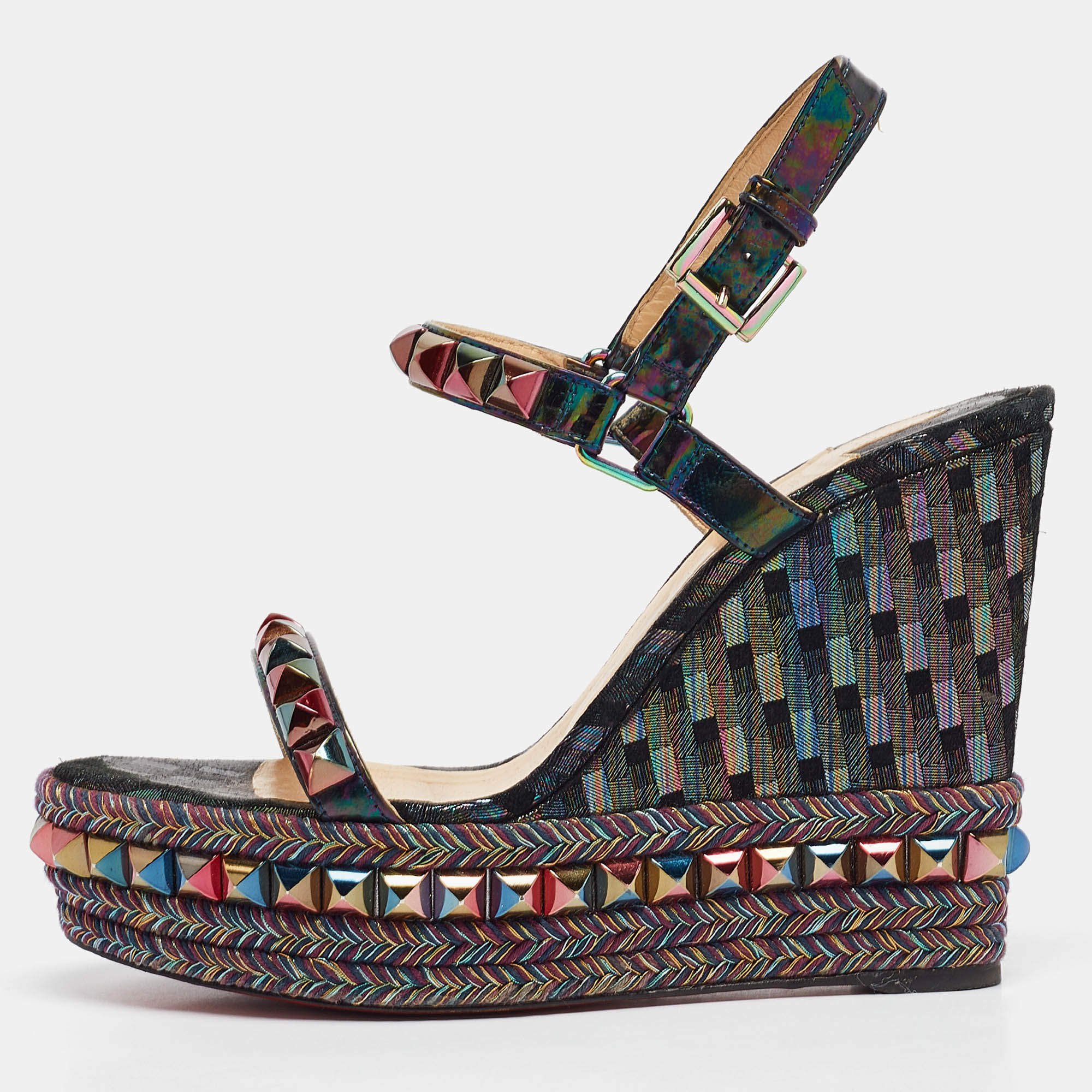 Christian Louboutin Multicolor Patent Leather Pyraclou Wedge Sandals Size 38 Christian Louboutin TLC