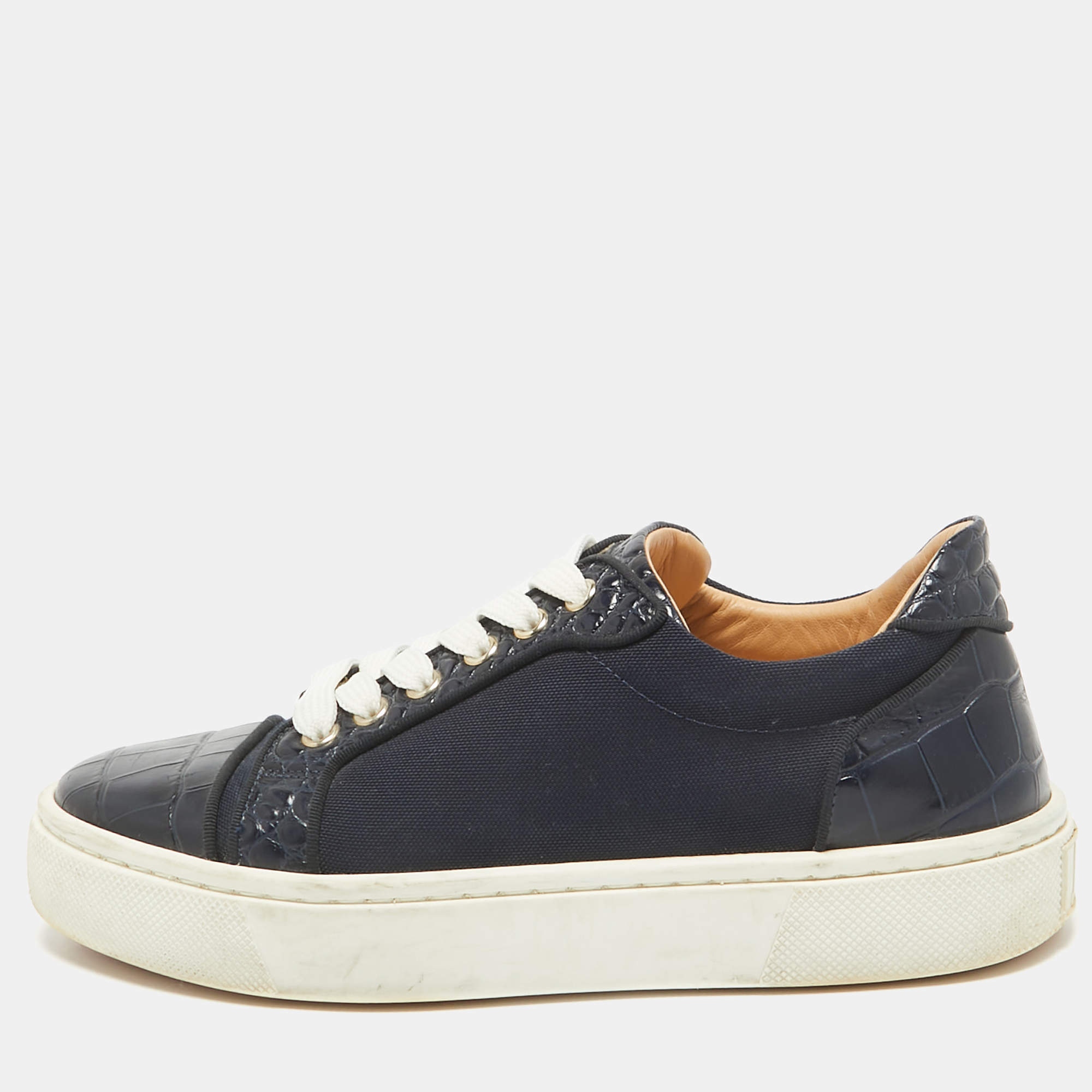 Pre Owned Christian Louboutin Navy Blue Canvas and Crocodile Leather Louis Sneakers Size 37.5