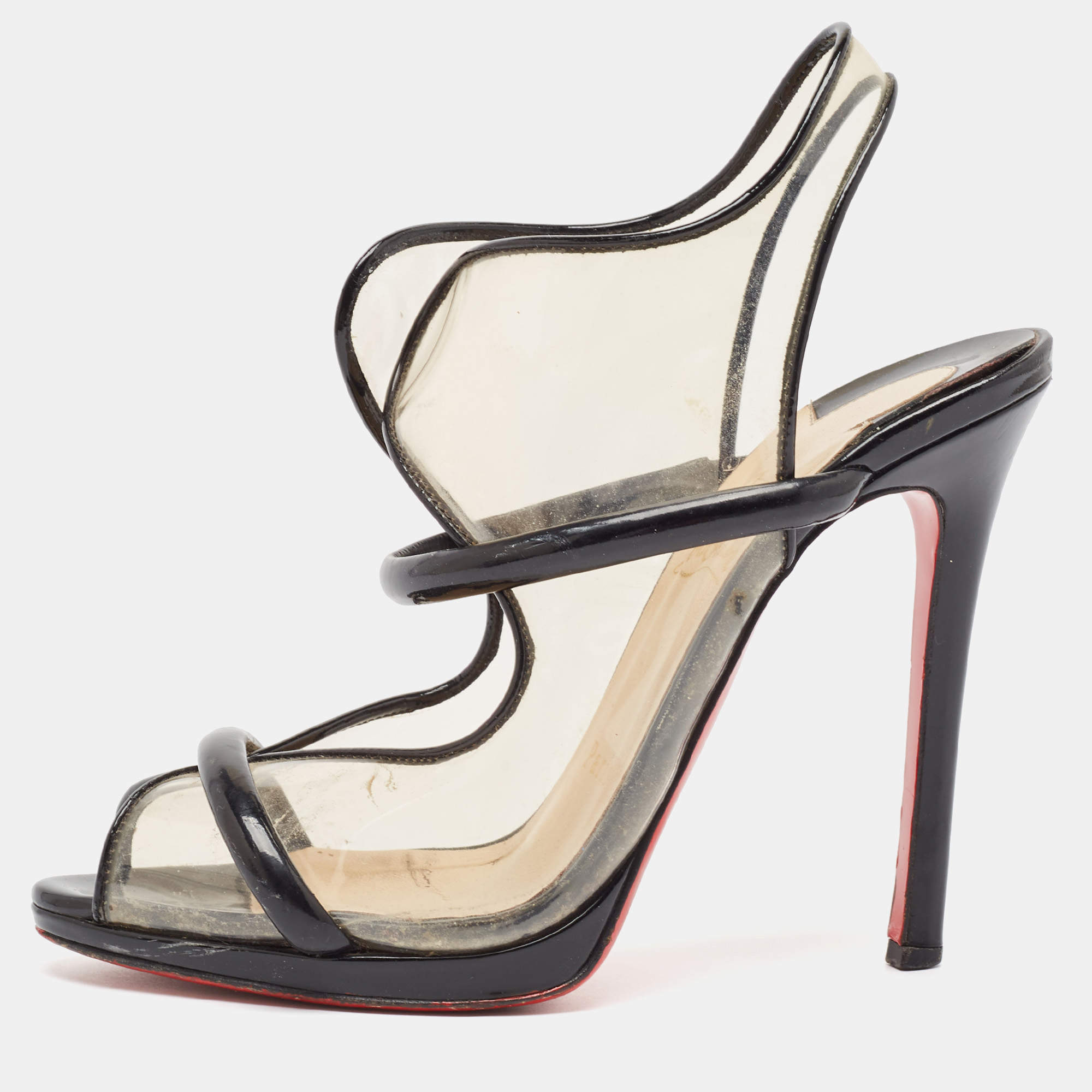 Christian Louboutin Black Patent and PVC Aqua Ronda Sandals Size 37