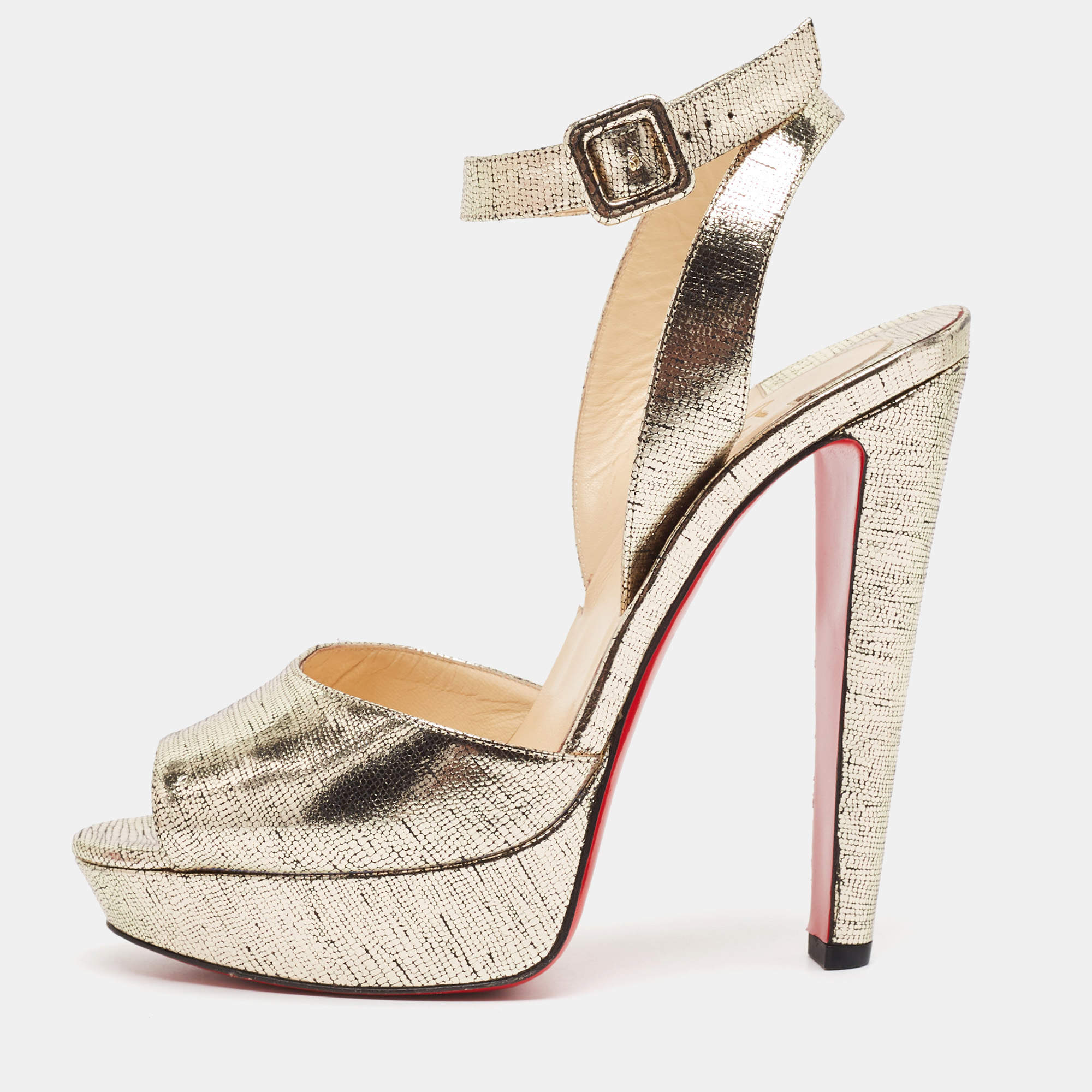 Pre Owned Christian Louboutin Gold Textured Leather Louloudancing Sandals Size 40