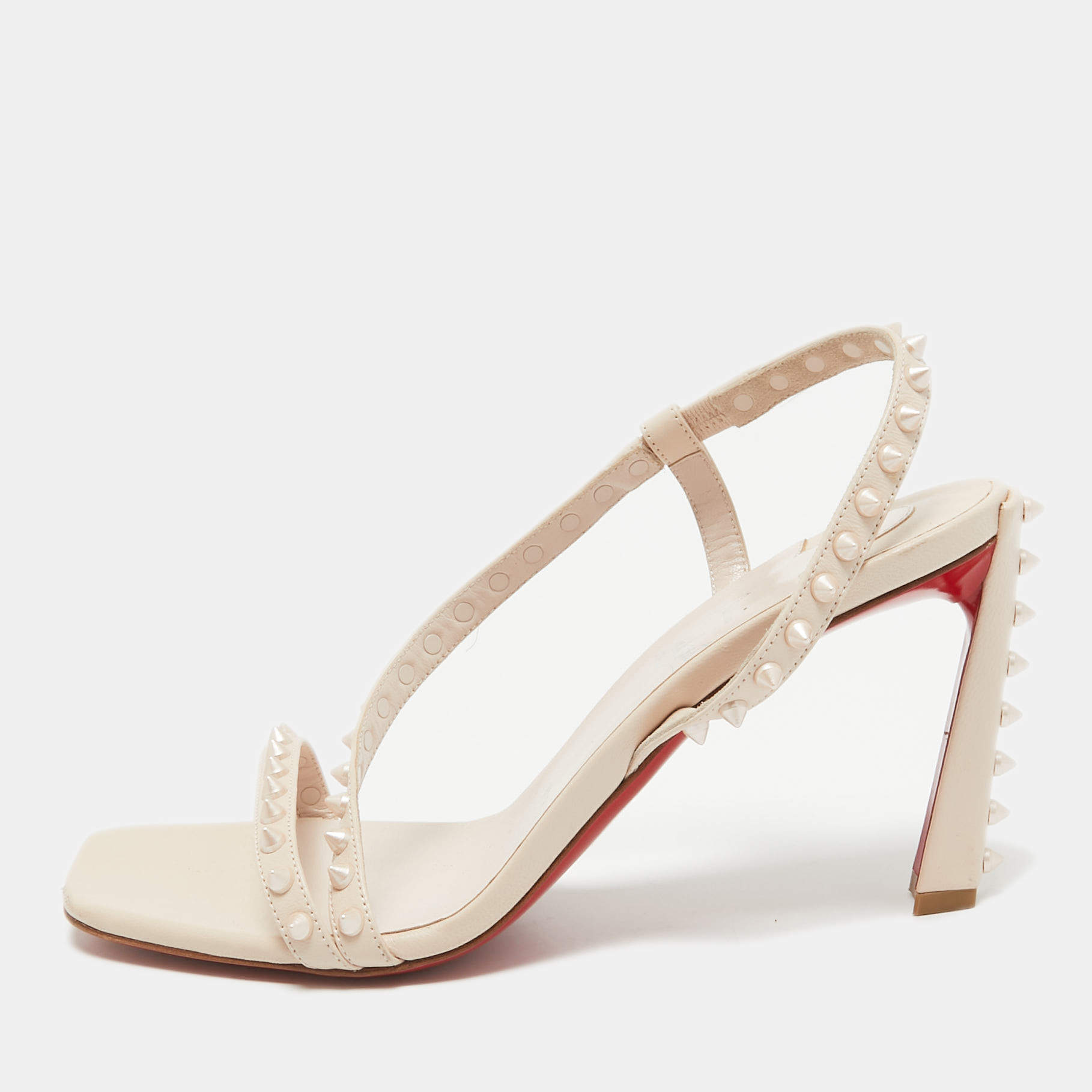Pre Owned Christian Louboutin Beige Leather Rosa Spike Ankle Strap Sandals 37.5