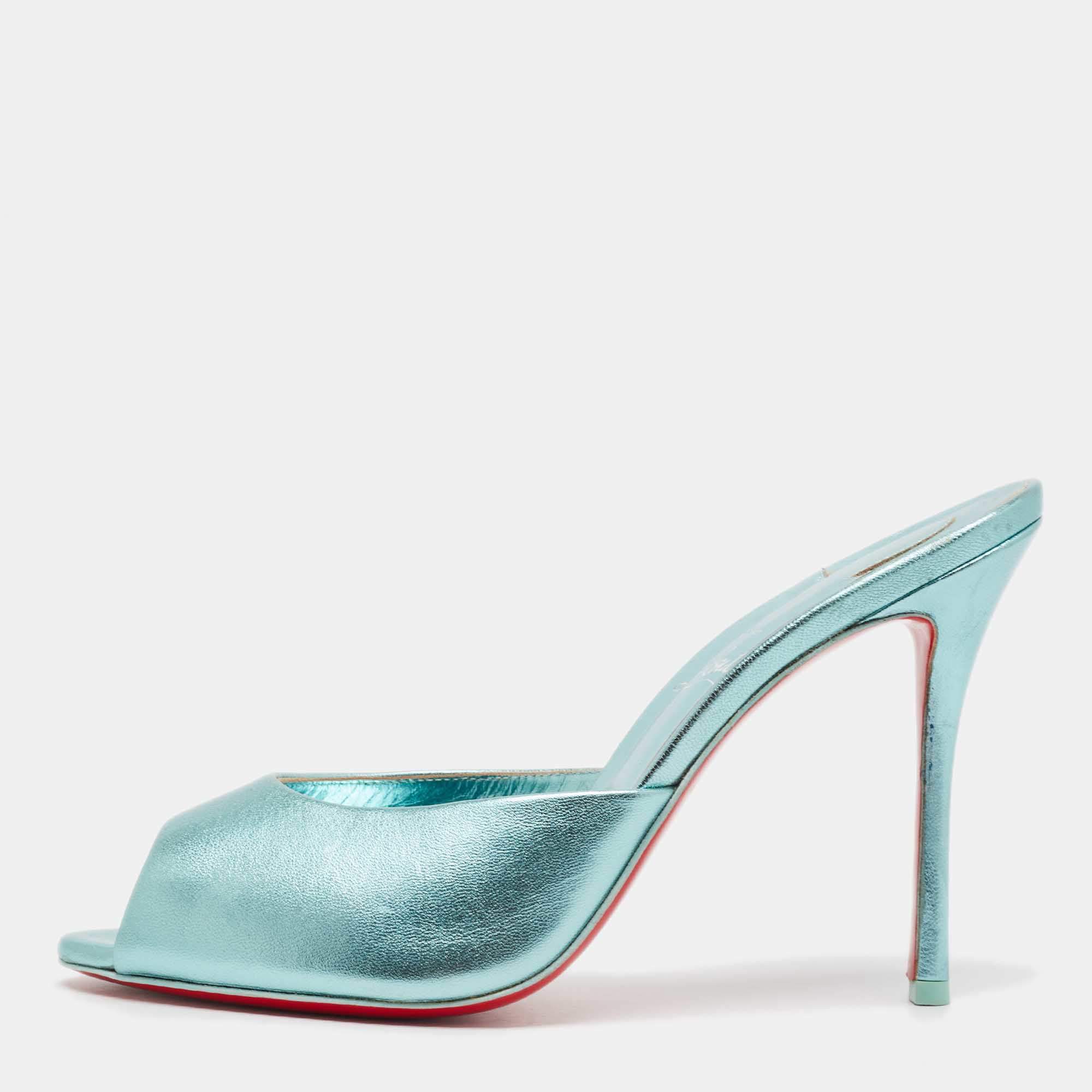 Christian Louboutin Metallic Blue Leather Me Dolly Slide Sandals Size 39.5