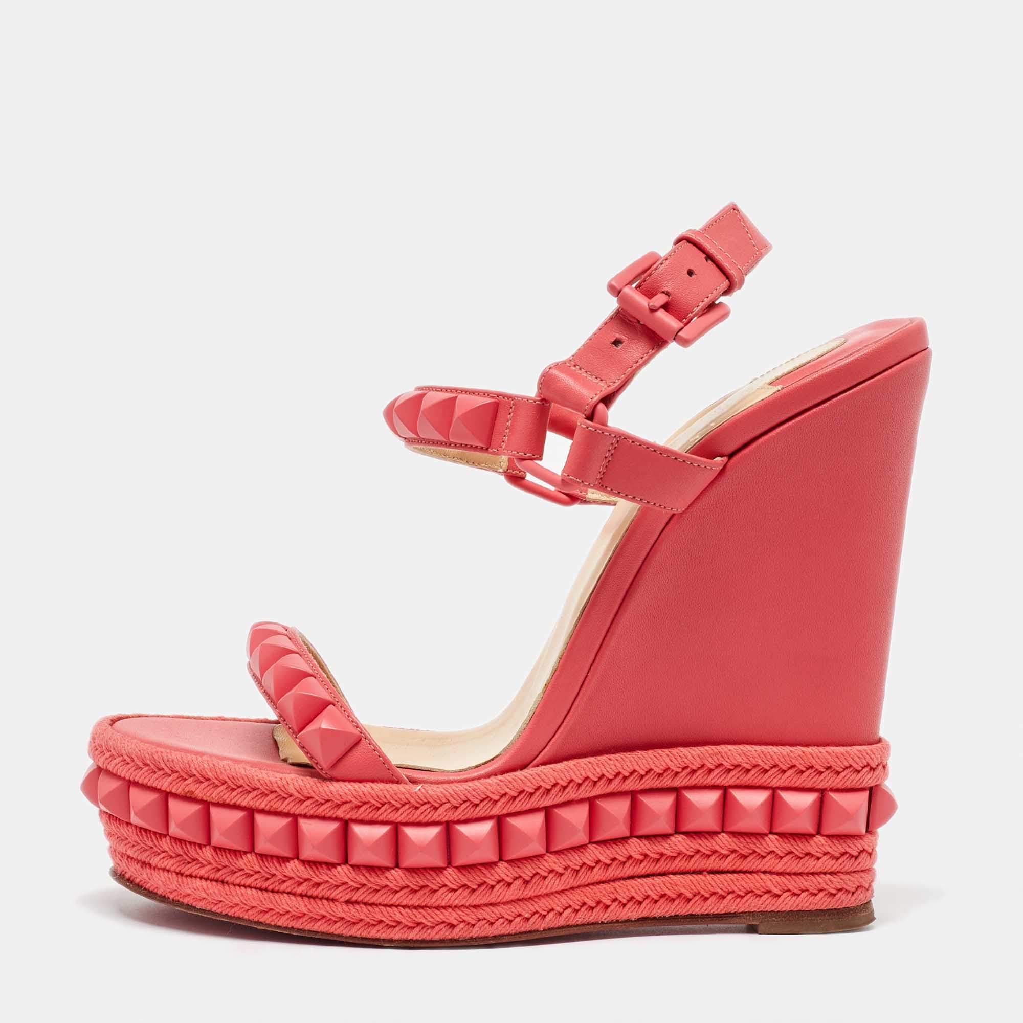 Christian Louboutin Coral Leather Pyraclou Wedge Sandals Size 36