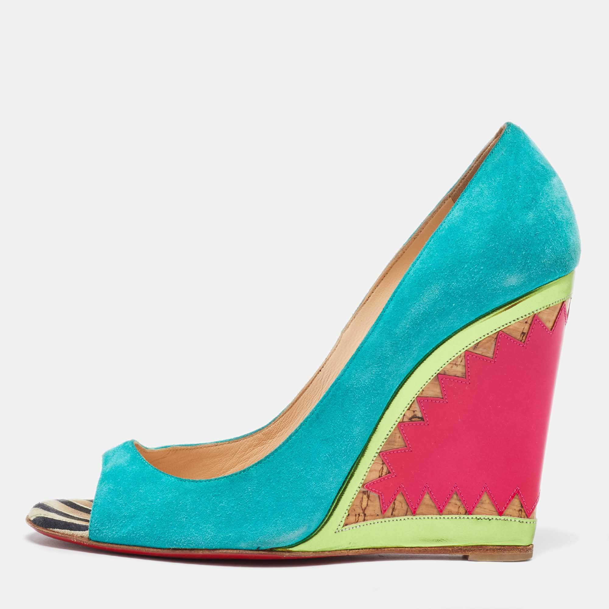 Christian Louboutin Multicolor Suede and Patent Leather Miramar Wedge Pumps Size 38.5