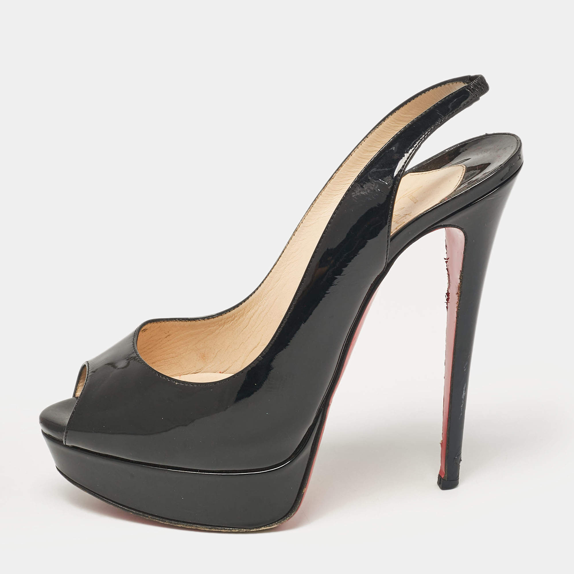 Christian Louboutin Black Patent Leather Lady Peep Slingback Pumps Size 39.5