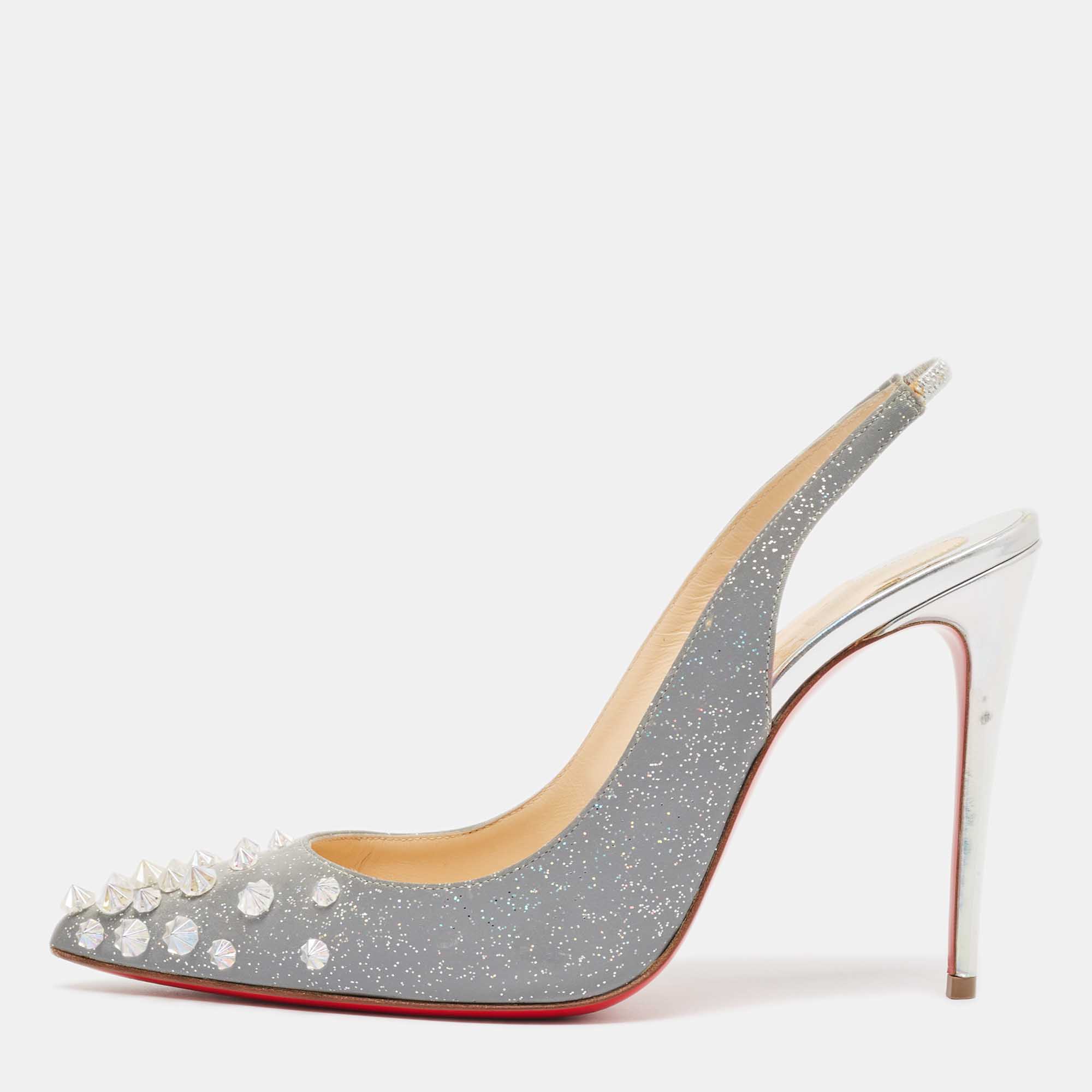 Pre Owned Christian Louboutin Grey Glitter Leather Drama Spikes Pumps Size 38