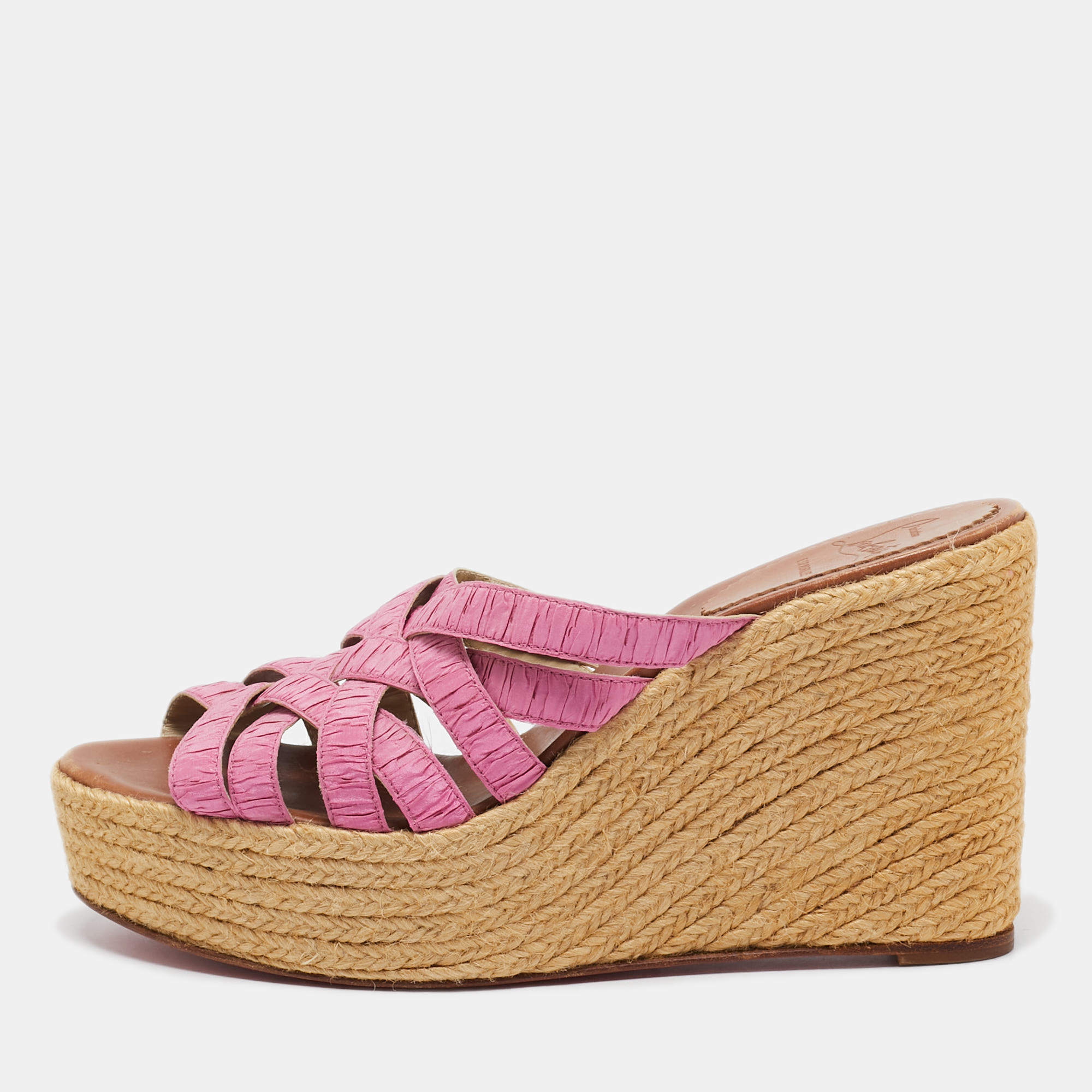 Pre Owned Christian Louboutin Pink Pleated Fabric Espadrille Wedge Slide Sandals Size 41