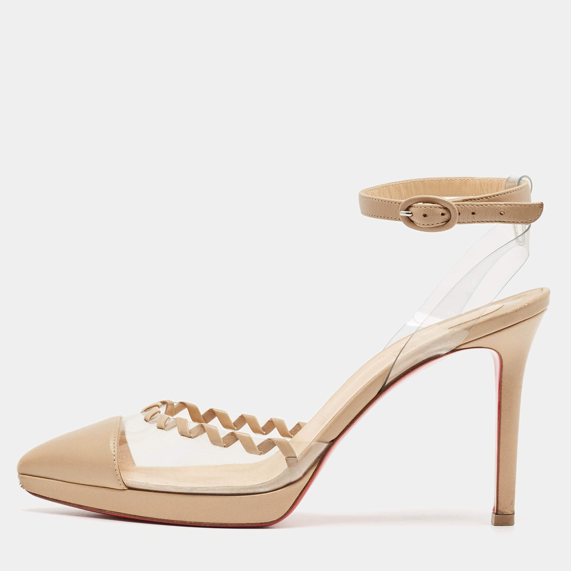 Pre Owned Christian Louboutin Beige Leather and PVC Platform Ankle Strap Pumps Size 38