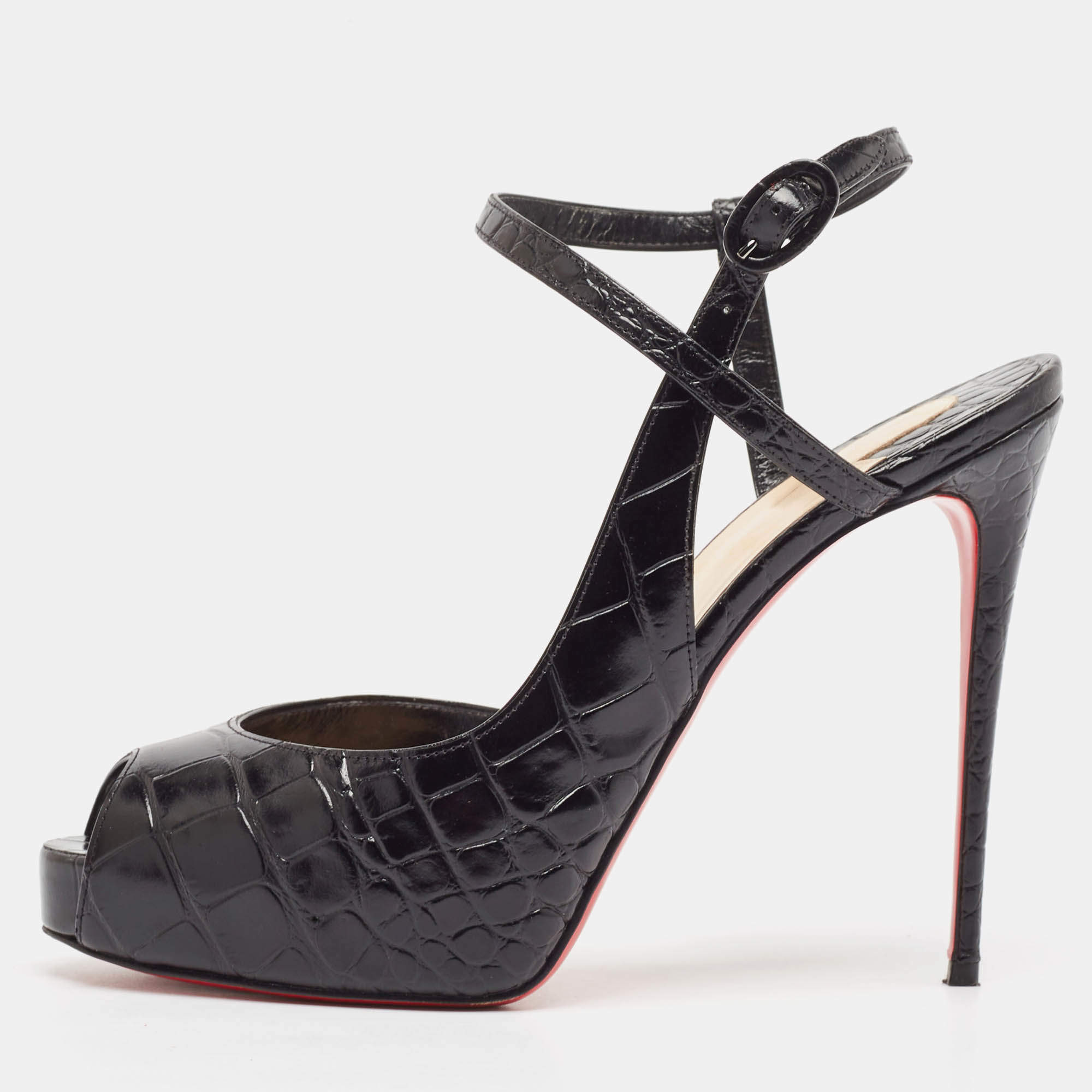 Pre Owned Christian Louboutin Black Embossed Croc Jenlove Alta Sandals Size 38