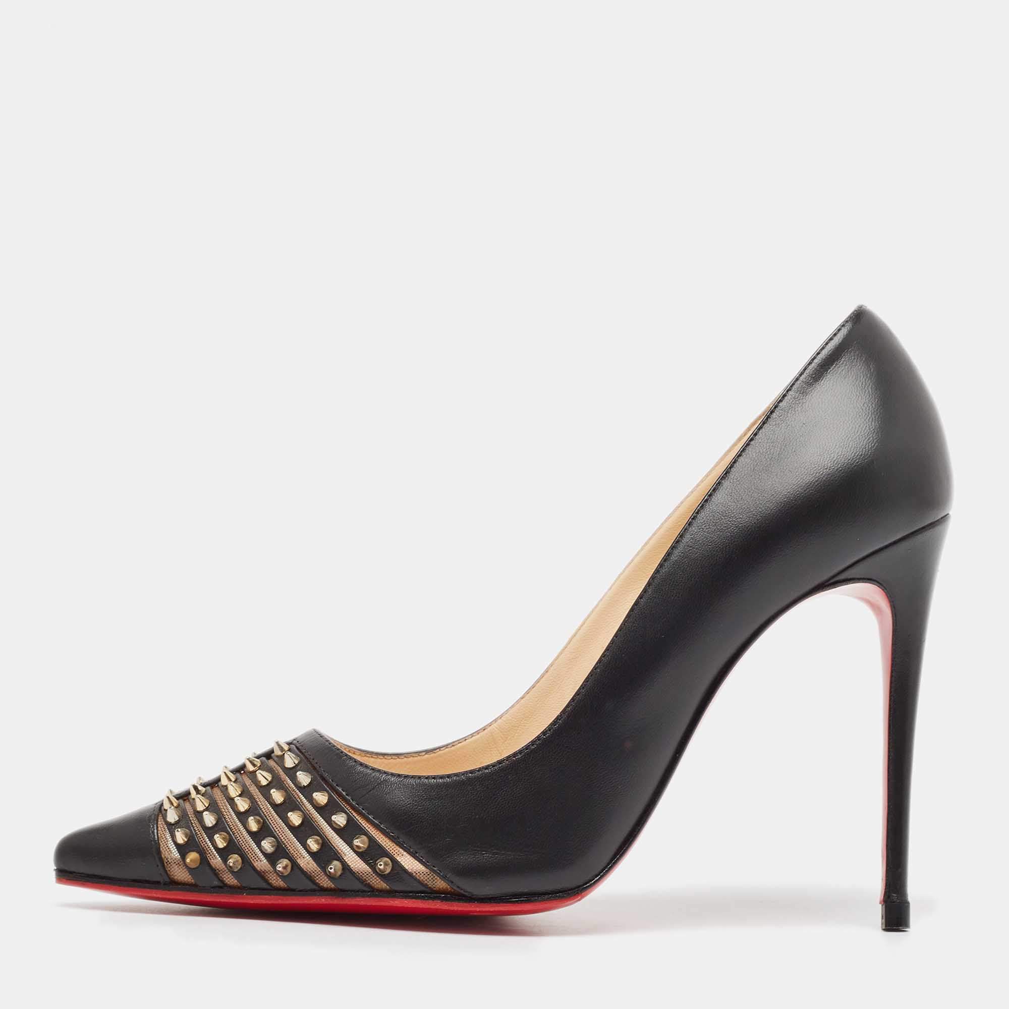Pre Owned Christian Louboutin Black Leather and Mesh Bareta Pumps Size 37