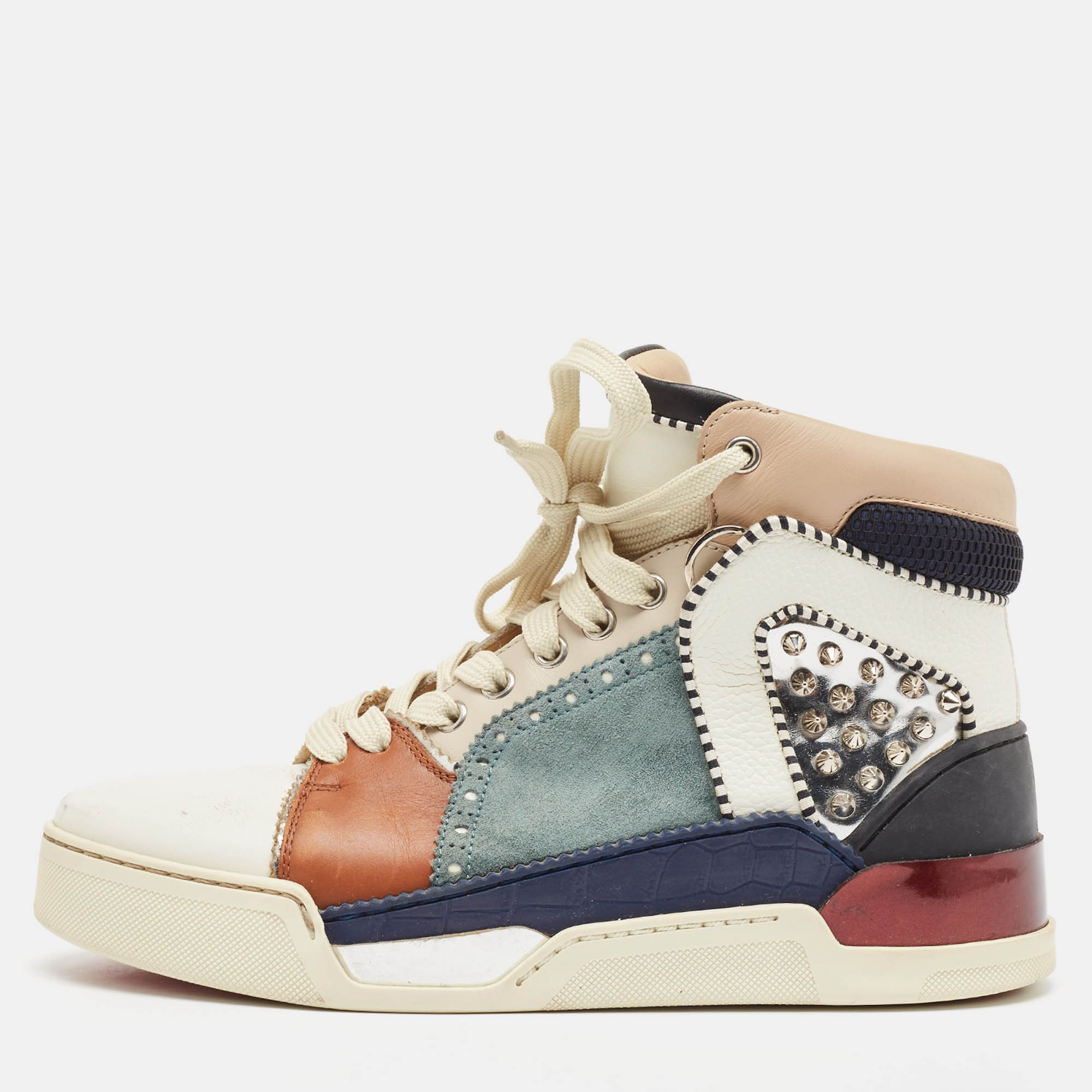 Christian Louboutin Multicolor Leather and Suede Loubikick Spikes Sneakers Size 39