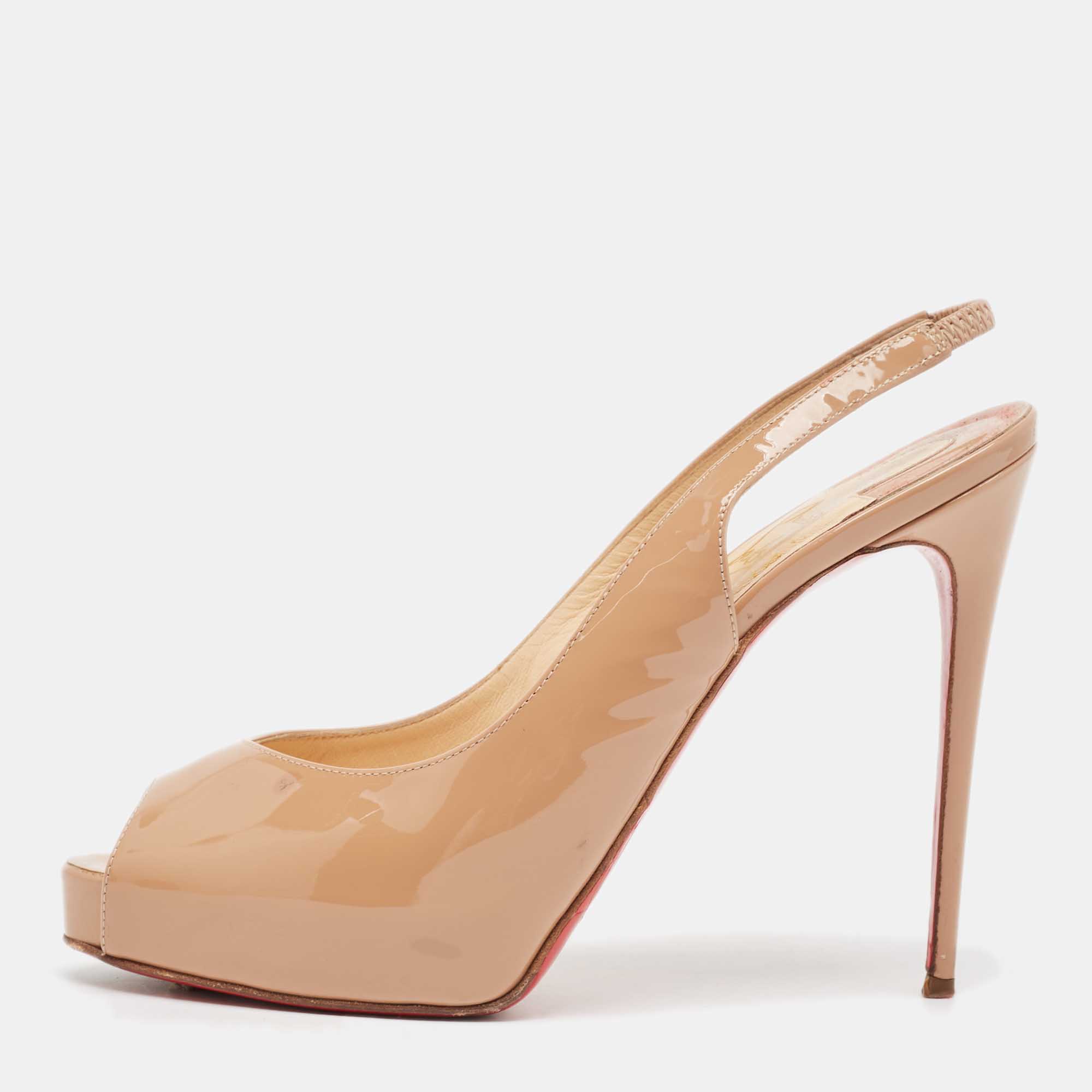 Pre Owned Christian Louboutin Beige Patent Leather Private Number Peep Toe Pumps Size 38