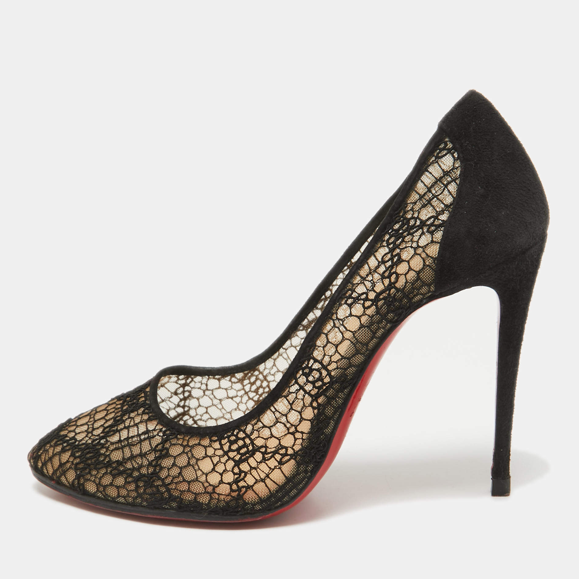 Pre Owned Christian Louboutin Black Lace and Suede Eloise Pumps Size 36