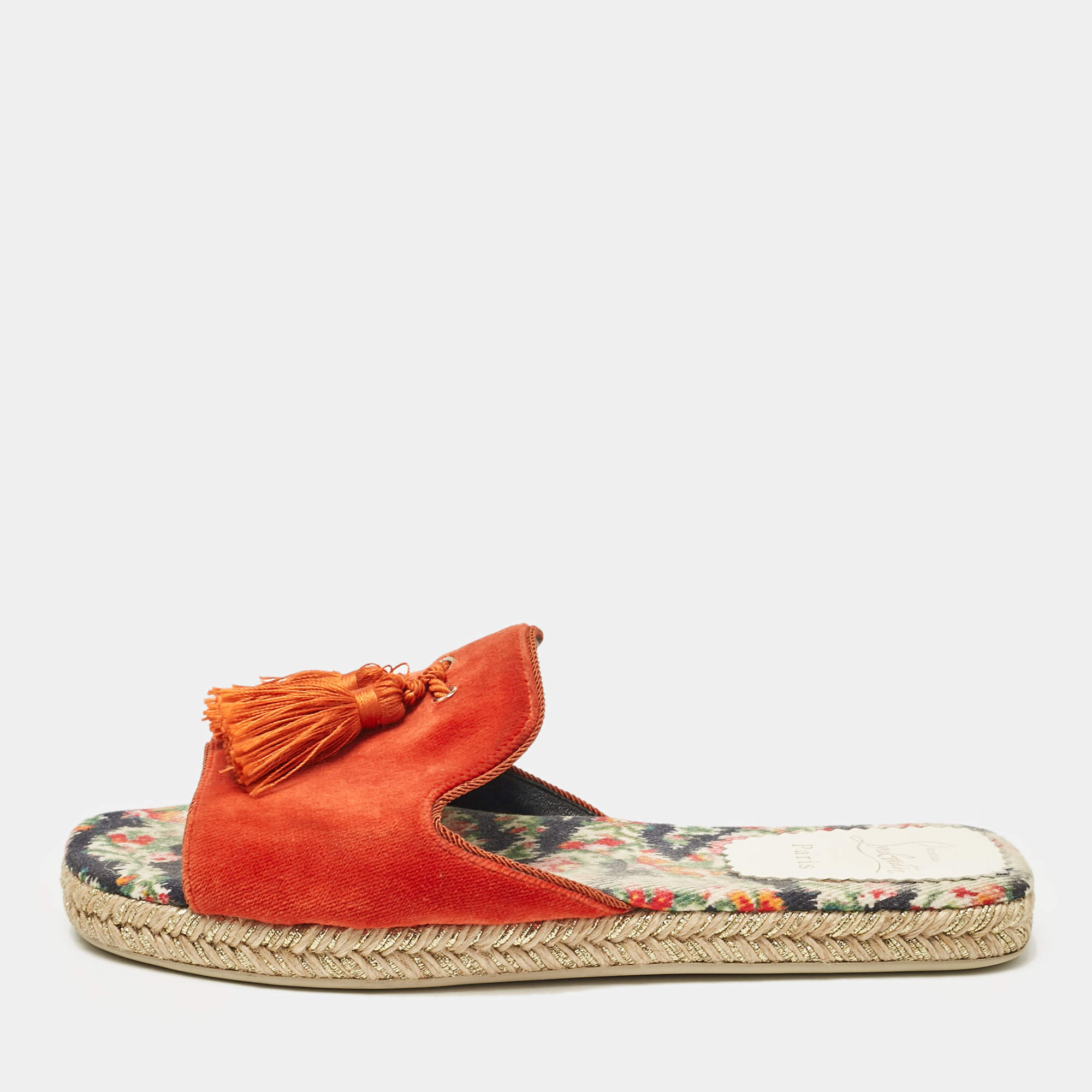 Christian Louboutin Orange Velvet Espadrille Flat Slides Size 39