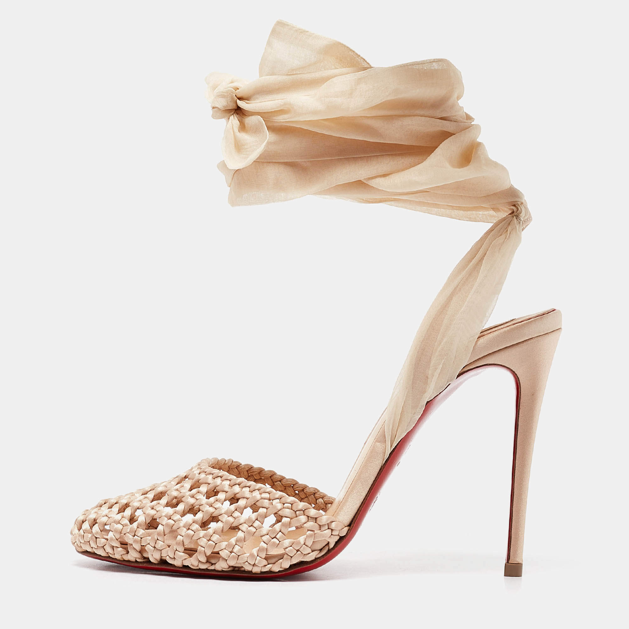 Pre Owned Christian Louboutin Beige Woven Satin and Fabric Ankle Tie Pumps Size 35.5