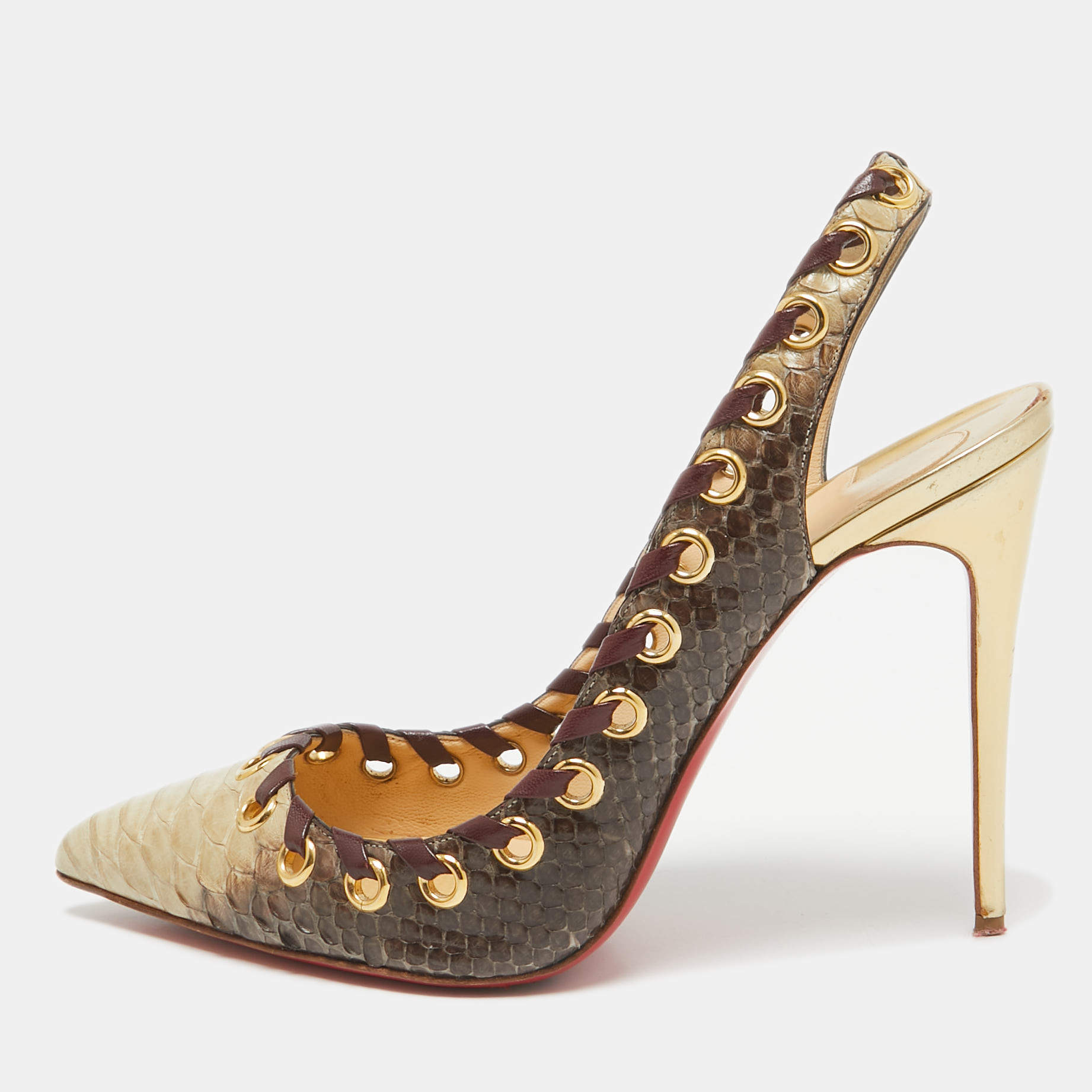 Christian Louboutin Grey/Beige Python Ostri Slingback Pumps Size 40.5 