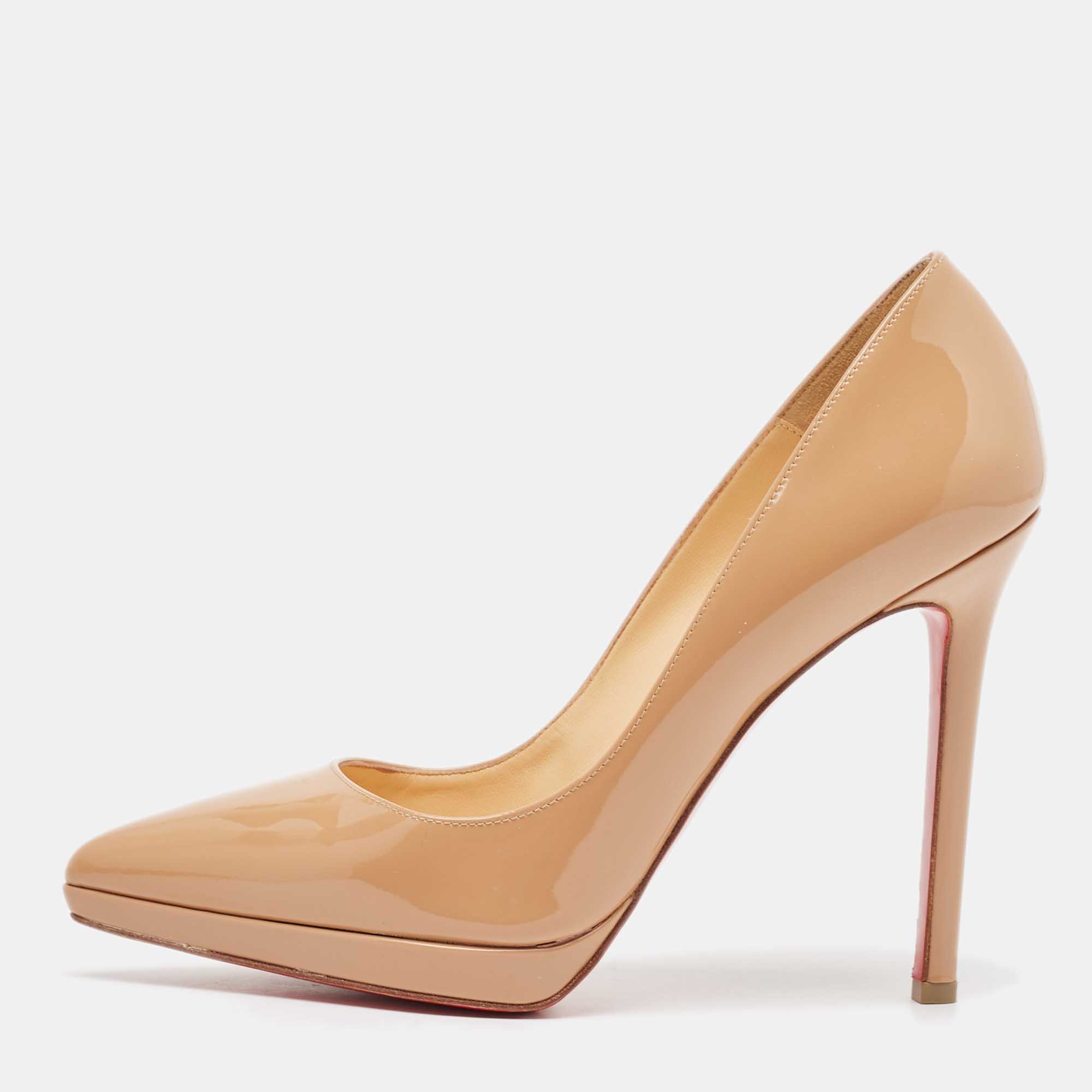 Pre Owned Christian Louboutin Beige Patent Leather Pigalle Plato Pumps Size 38