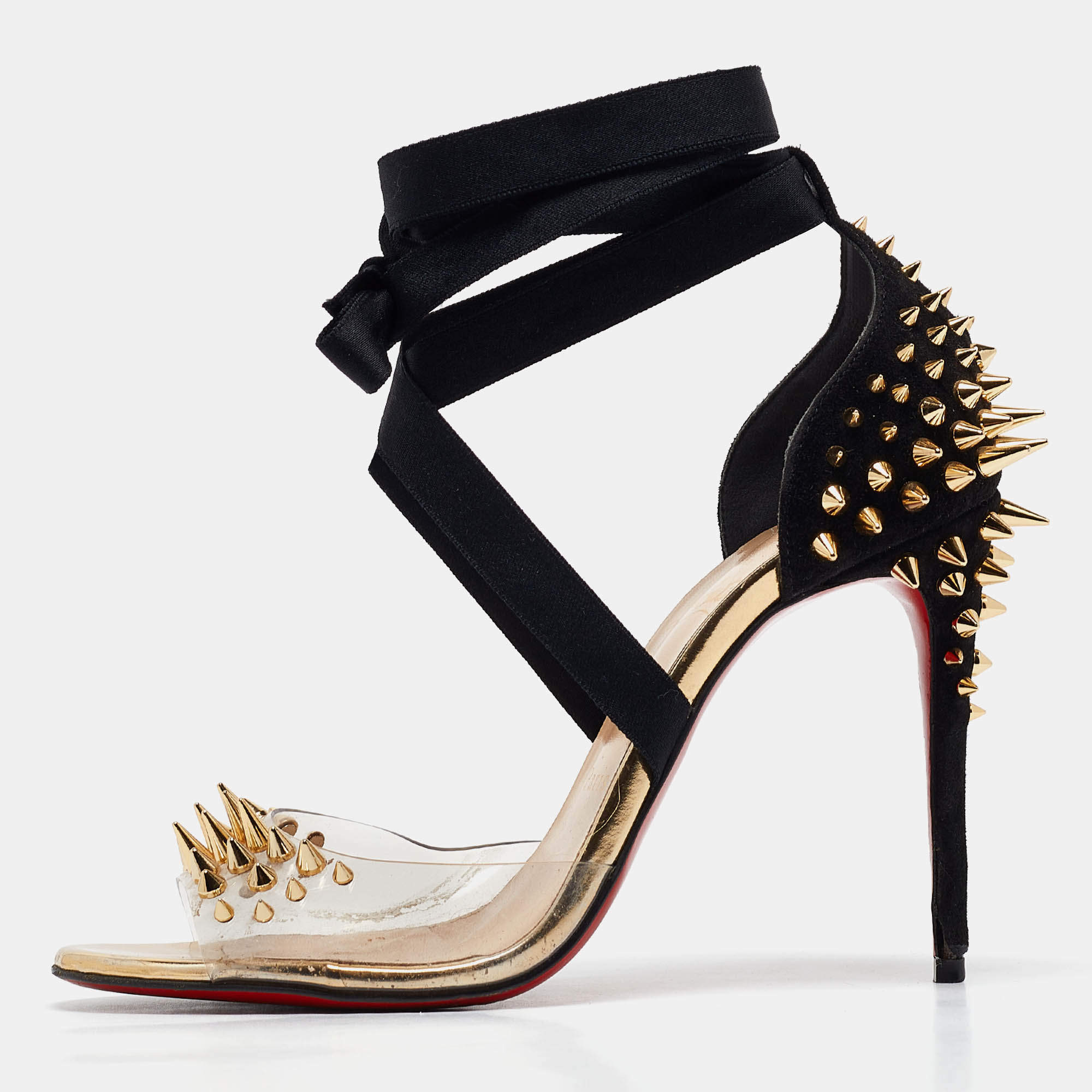 Christian Louboutin Black Suede and PVC Barbarissima Spike Wrap Sandals Size 38