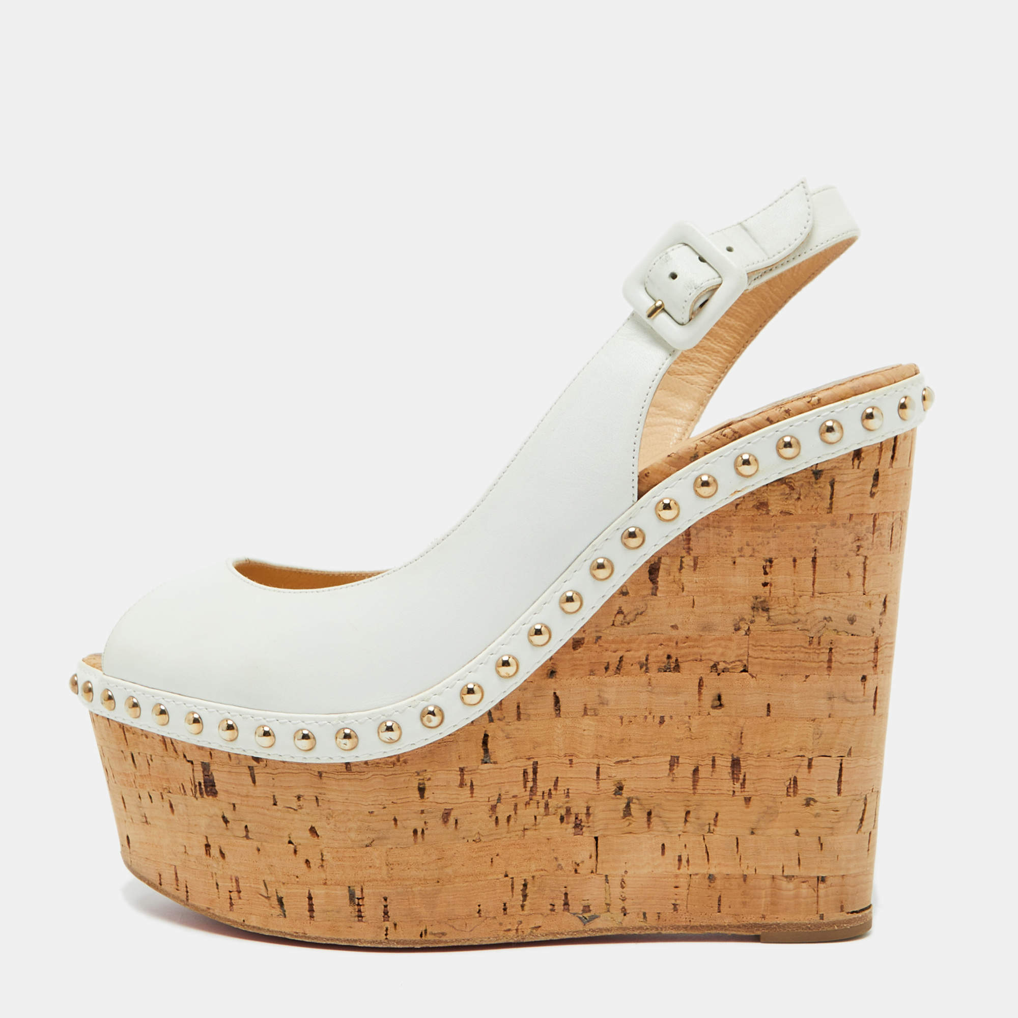 مملوكة مسبقًا Christian Louboutin White Leather Monico Cork Platform Wedge Sandals Size 37