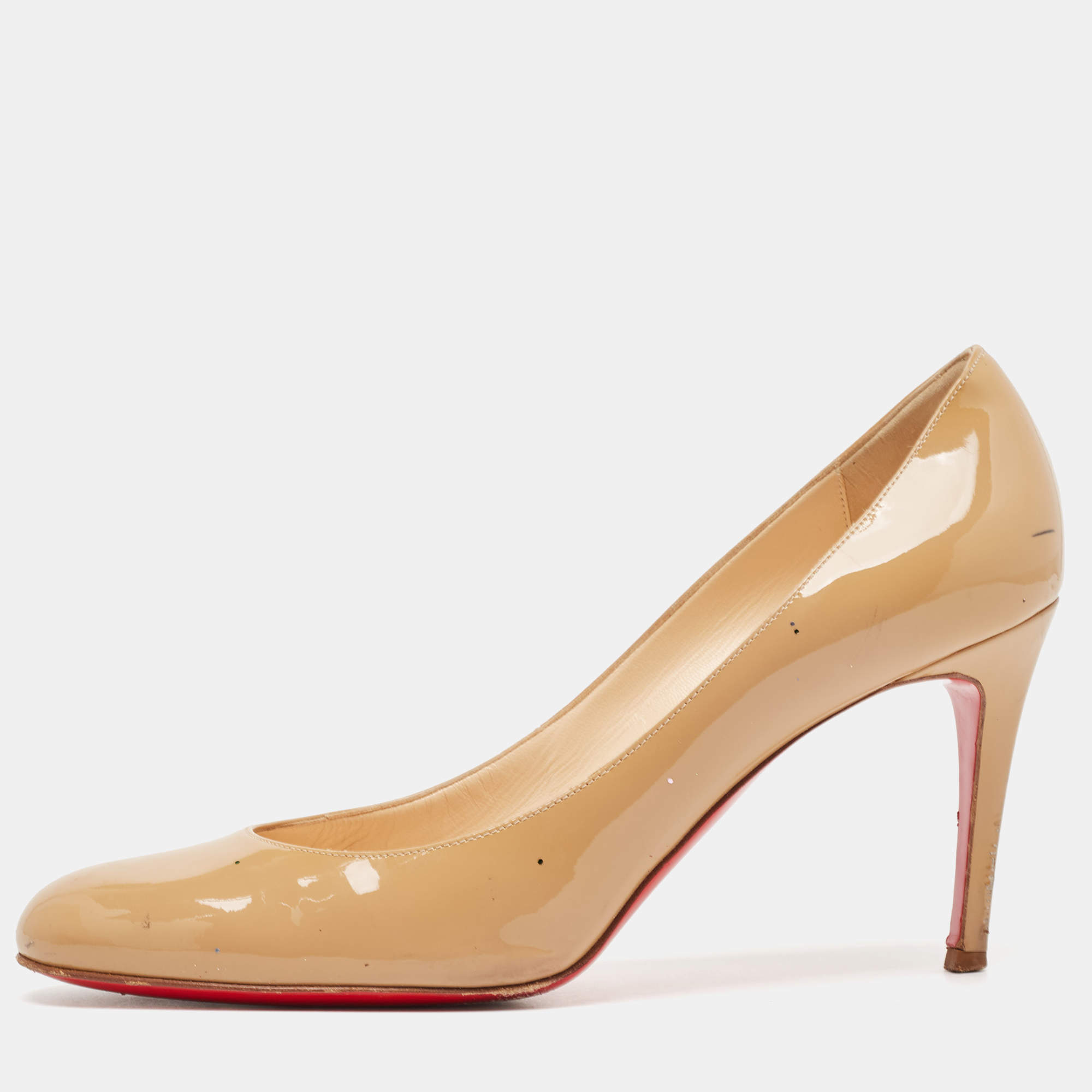 Pre Owned Christian Louboutin Beige Patent Leather Simple Pumps Size 38