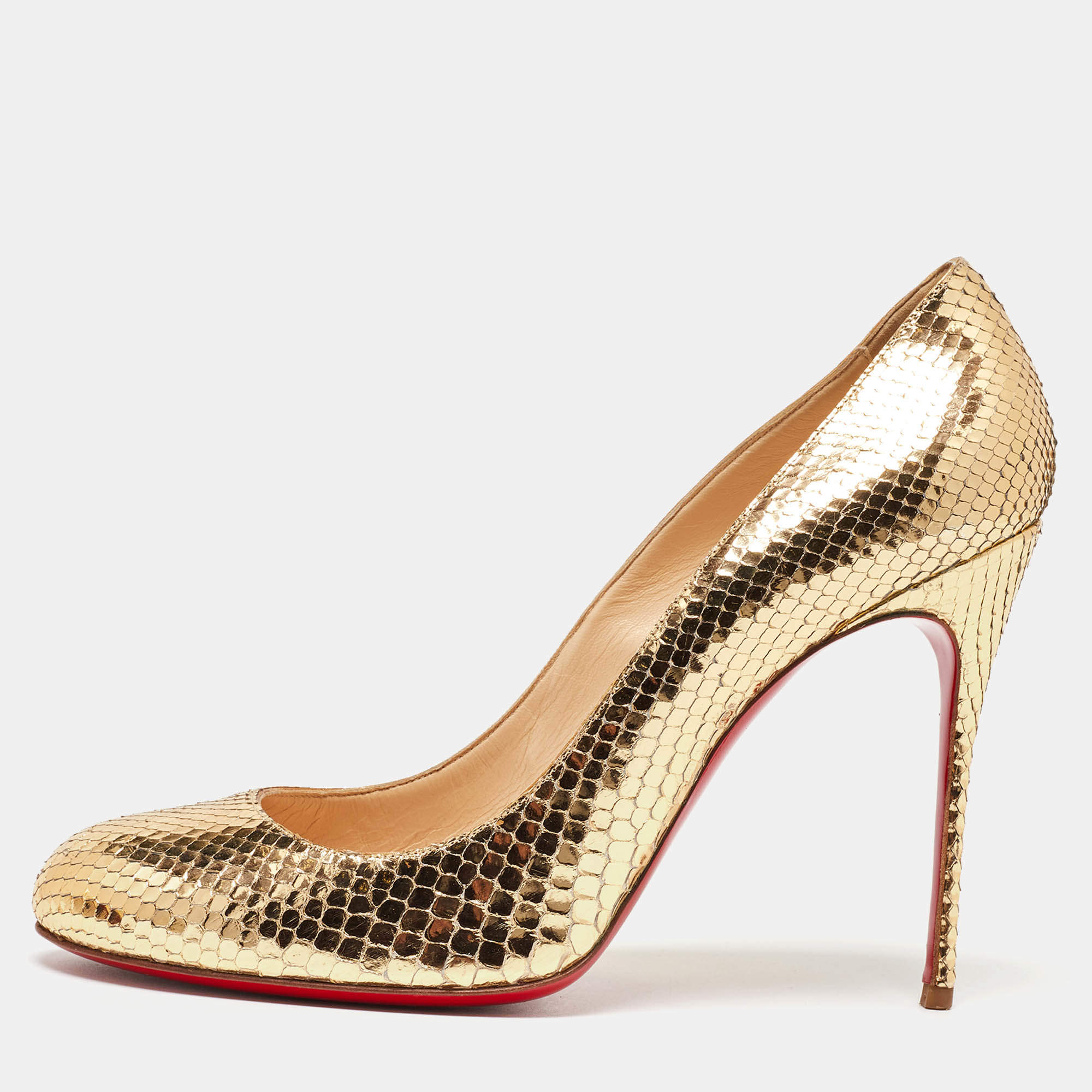 Pre Owned Christian Louboutin Gold Snakeskin Embossed Leather New Simple Pumps Size 41
