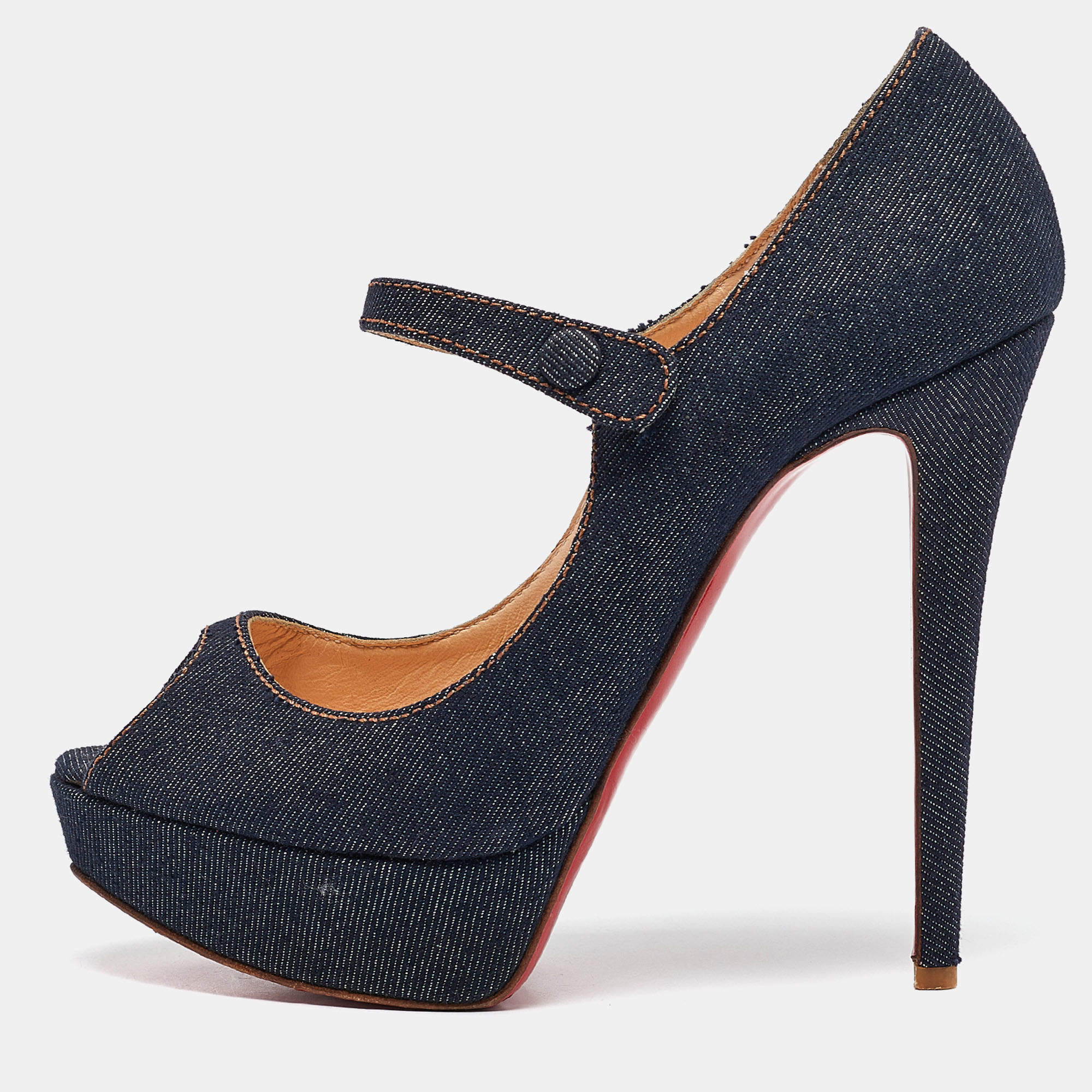 Pre Owned Christian Louboutin Navy Blue Denim Zeppa Mary Jane Pumps Size 39