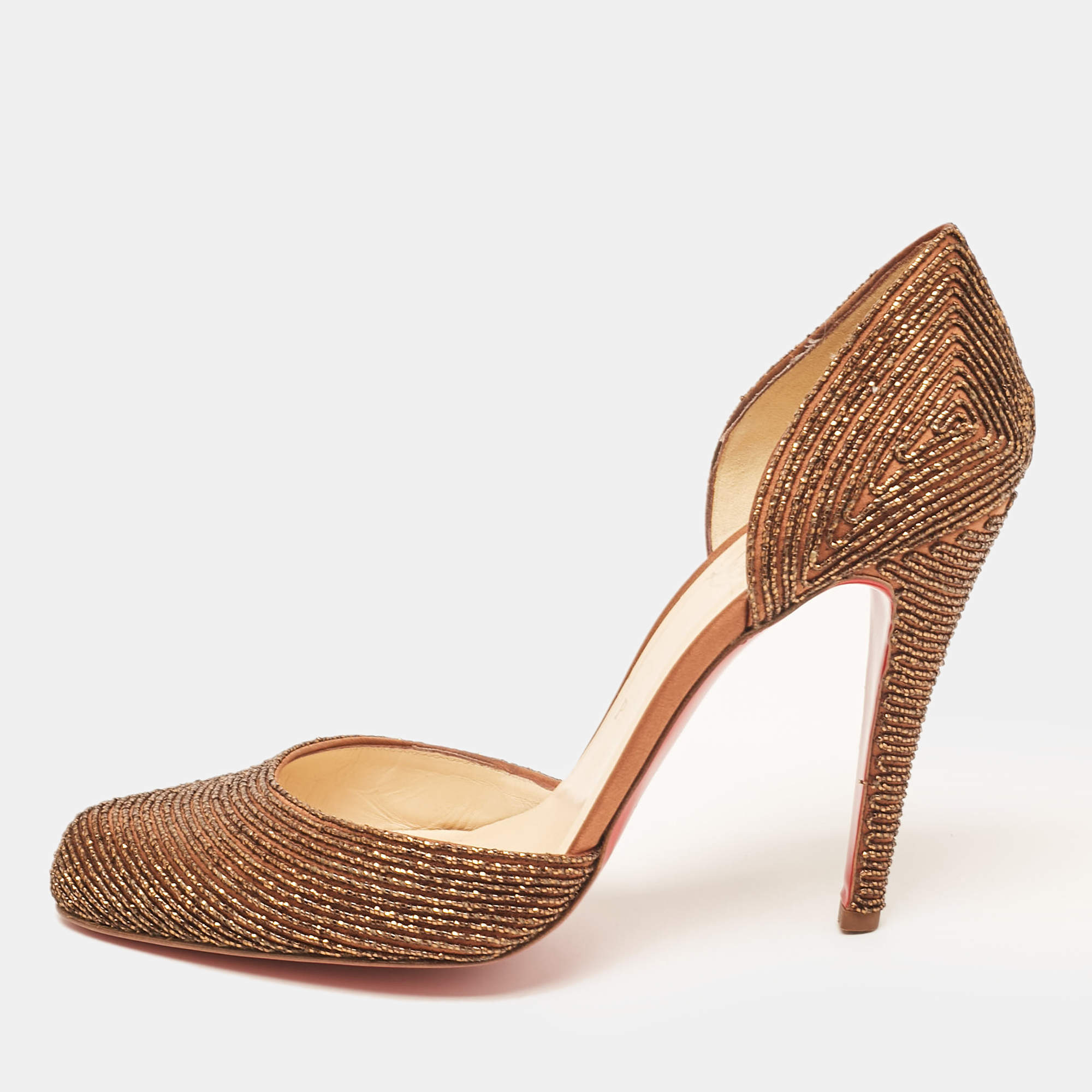 Pre Owned Christian Louboutin Brown Embellished Satin Labyrinth Pumps Size 41