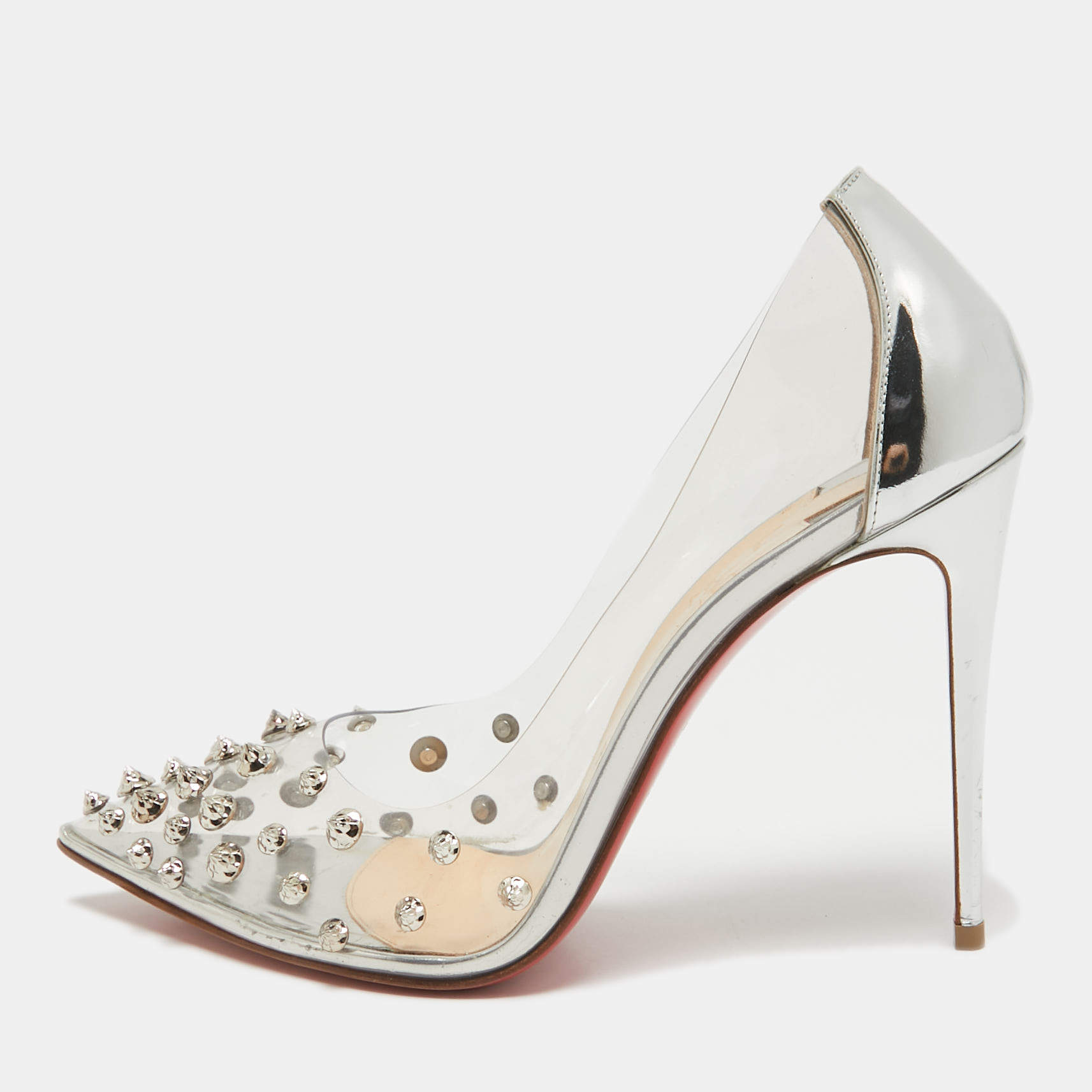 Christian Louboutin Silver PVC and Leather Collaclou Spikes Pumps Size 38