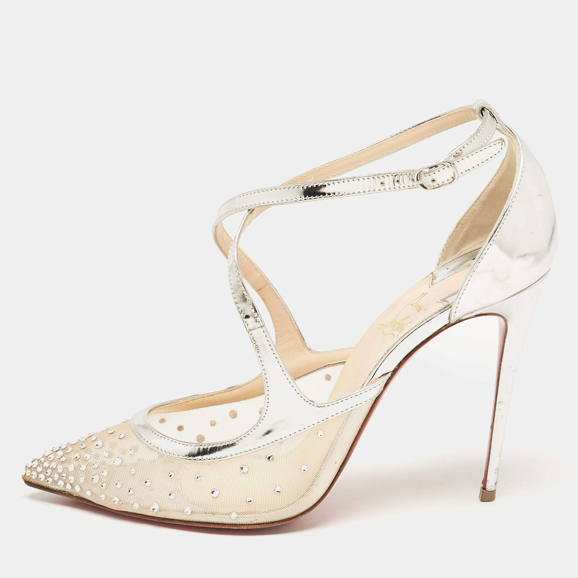 Pre Owned Christian Louboutin Silver Leather and Mesh Twistissima Strass Pumps Size 39.5