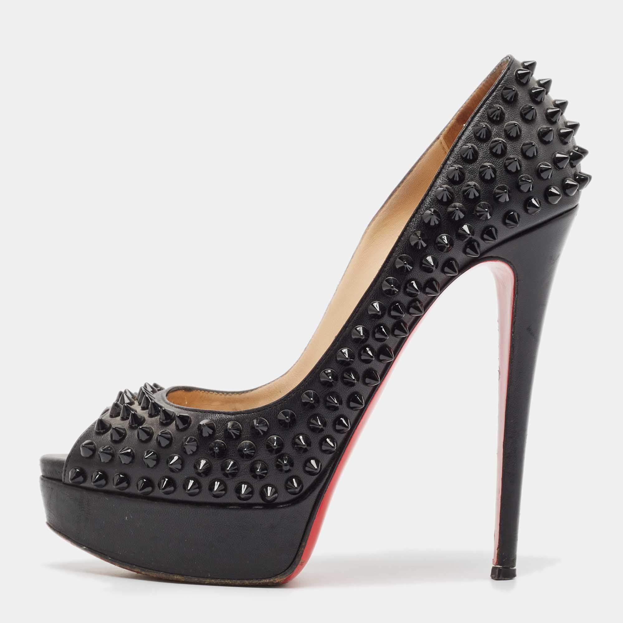 Christian Louboutin Black Leather Lady Peep Toe Spikes Platform Pumps Size 38