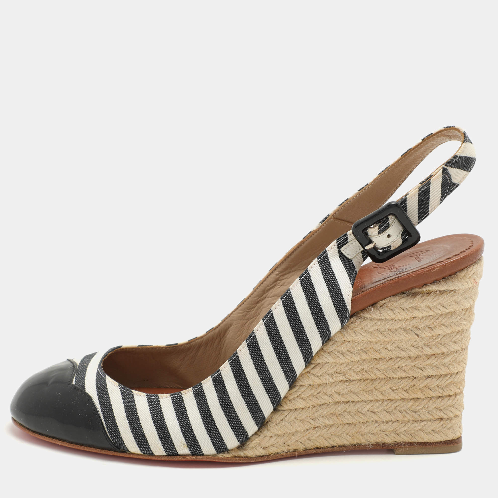 Pre Owned Christian Louboutin Striped Canvas and Patent Cap Toe Slingback Wedges  Espadrille Size 37