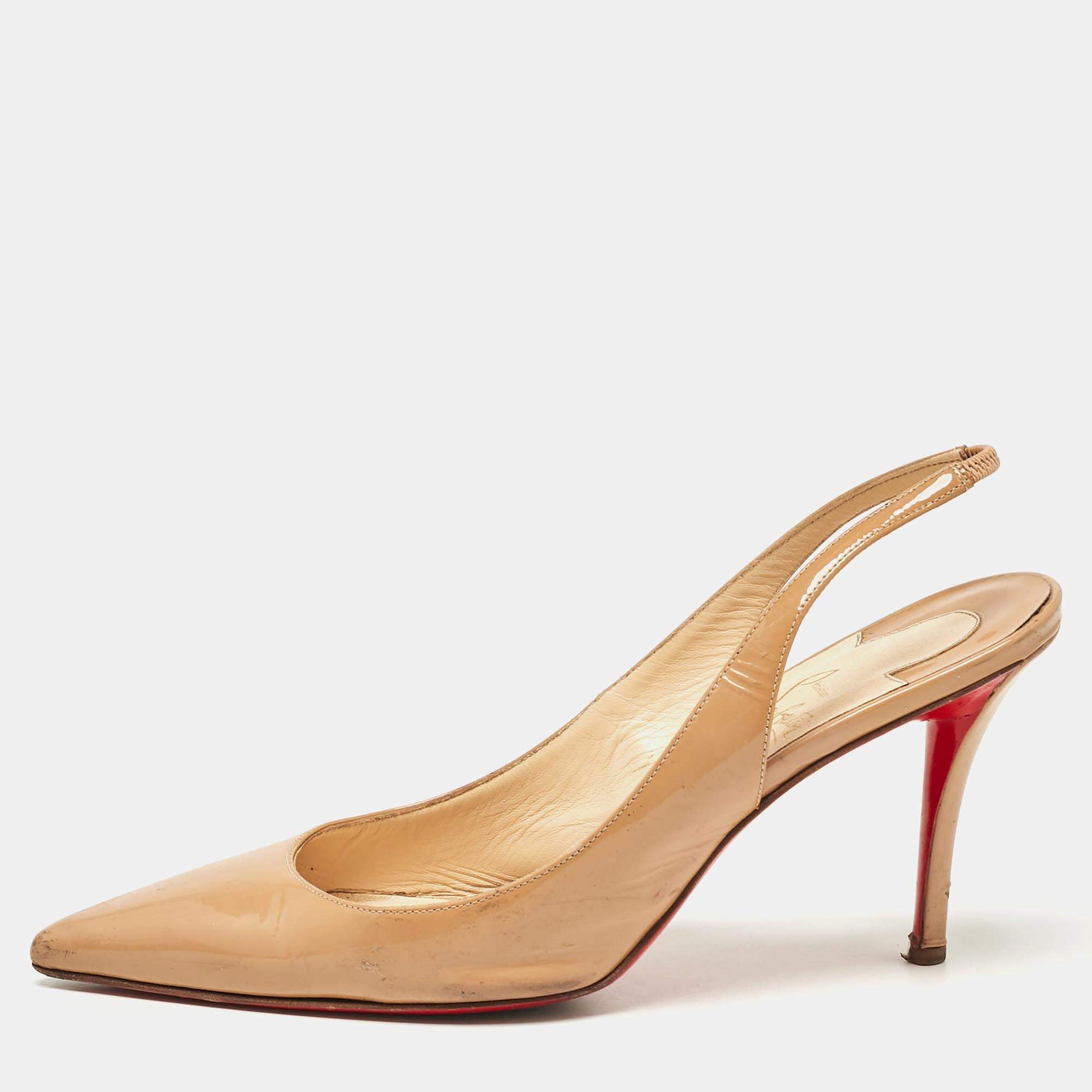 Christian Louboutin Beige Patent Leather Kate Slingback Pumps Size 39