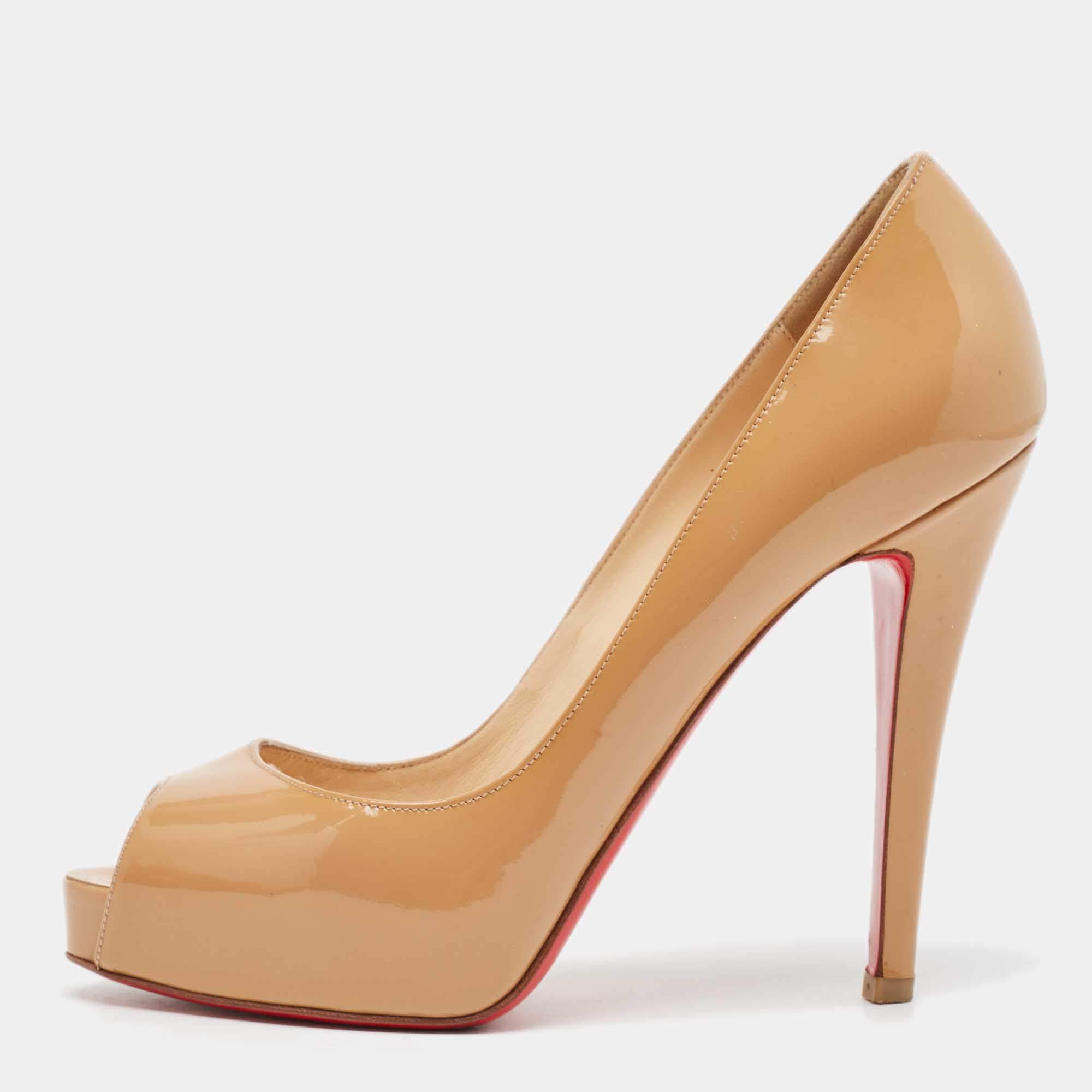 Pre Owned Christian Louboutin Beige Patent Leather Very Prive Pumps Size 36.5