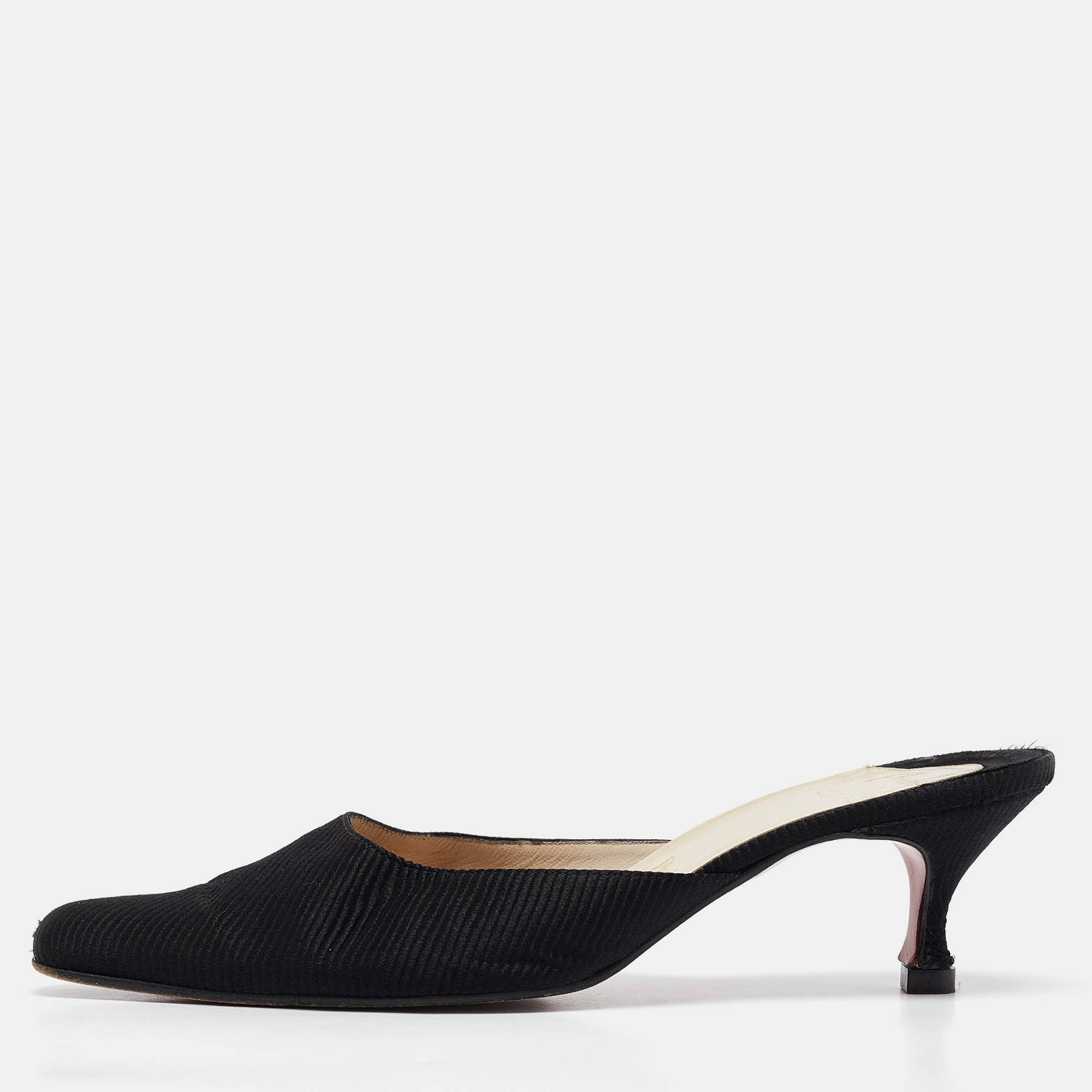 Pre Owned Christian Louboutin Black Fabric Square Toe Mules Size 37.5