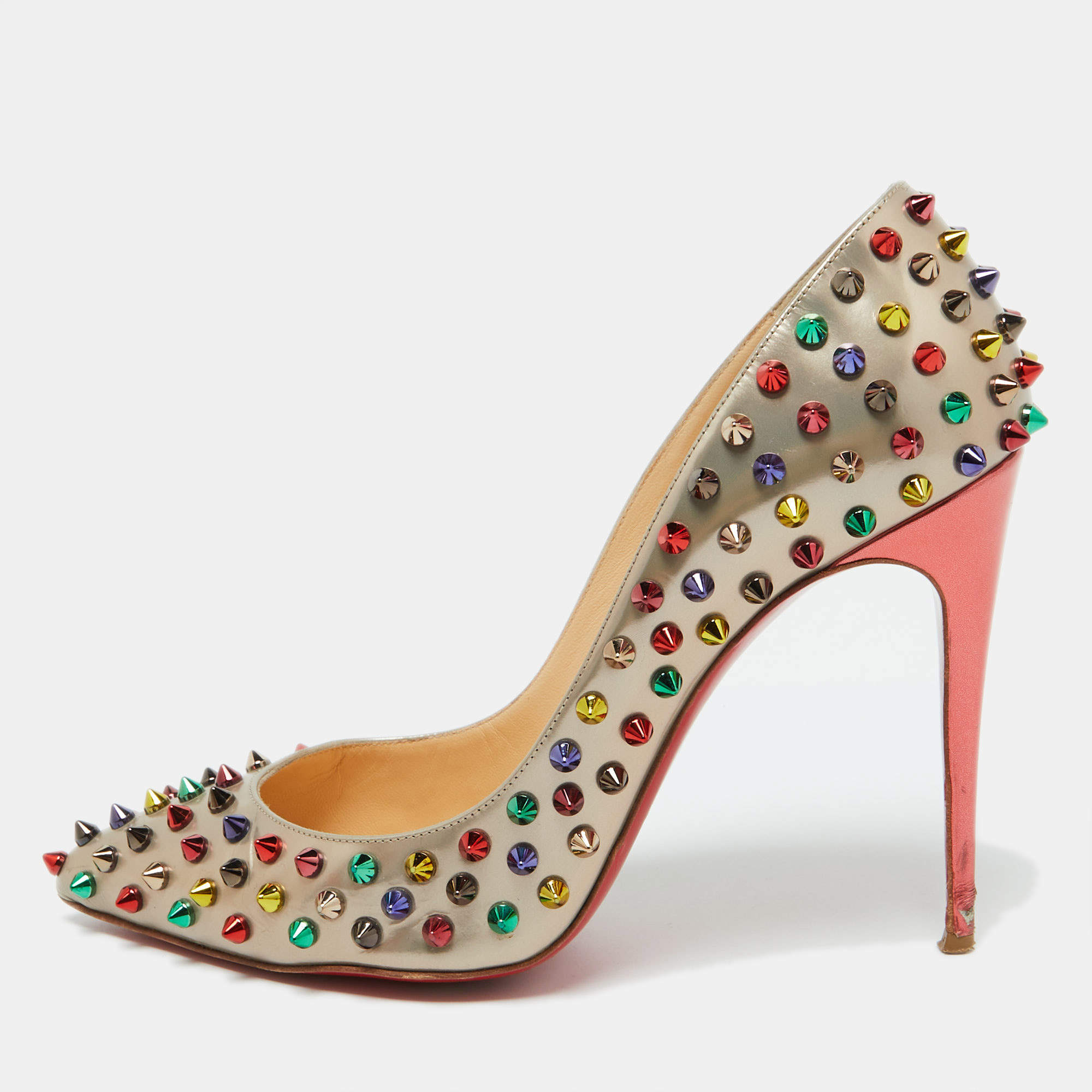Christian Louboutin Metallic Beige Leather Pigalle Spikes Pointed Toe Pumps Size 39