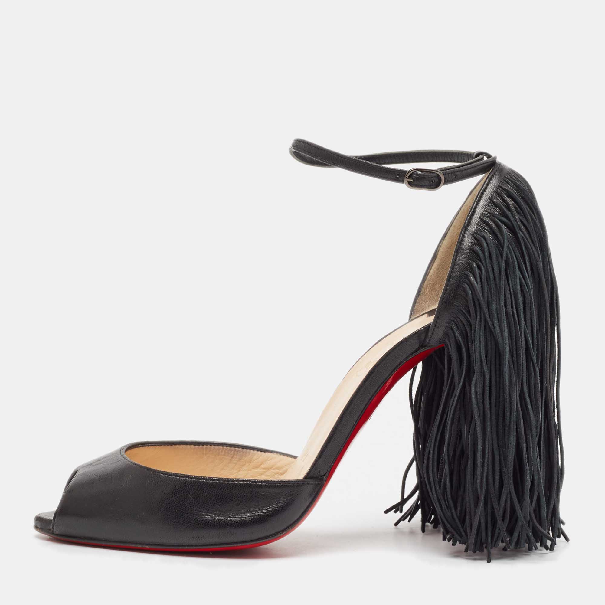 Christian Louboutin Black Leather Otrot Fringe Ankle-Strap Sandals Size 36.5