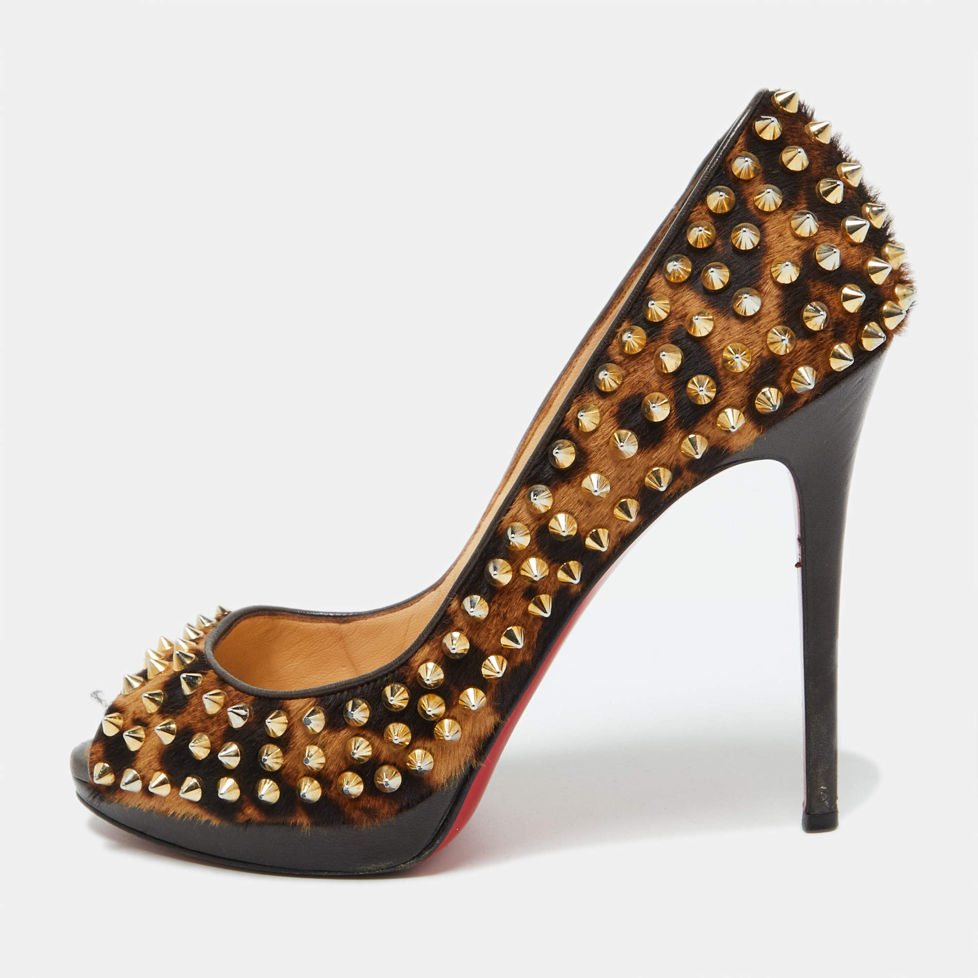 Christian Louboutin Leopard Print Calf Hair Yolanda Spikes Peep Toe Pumps Size 39