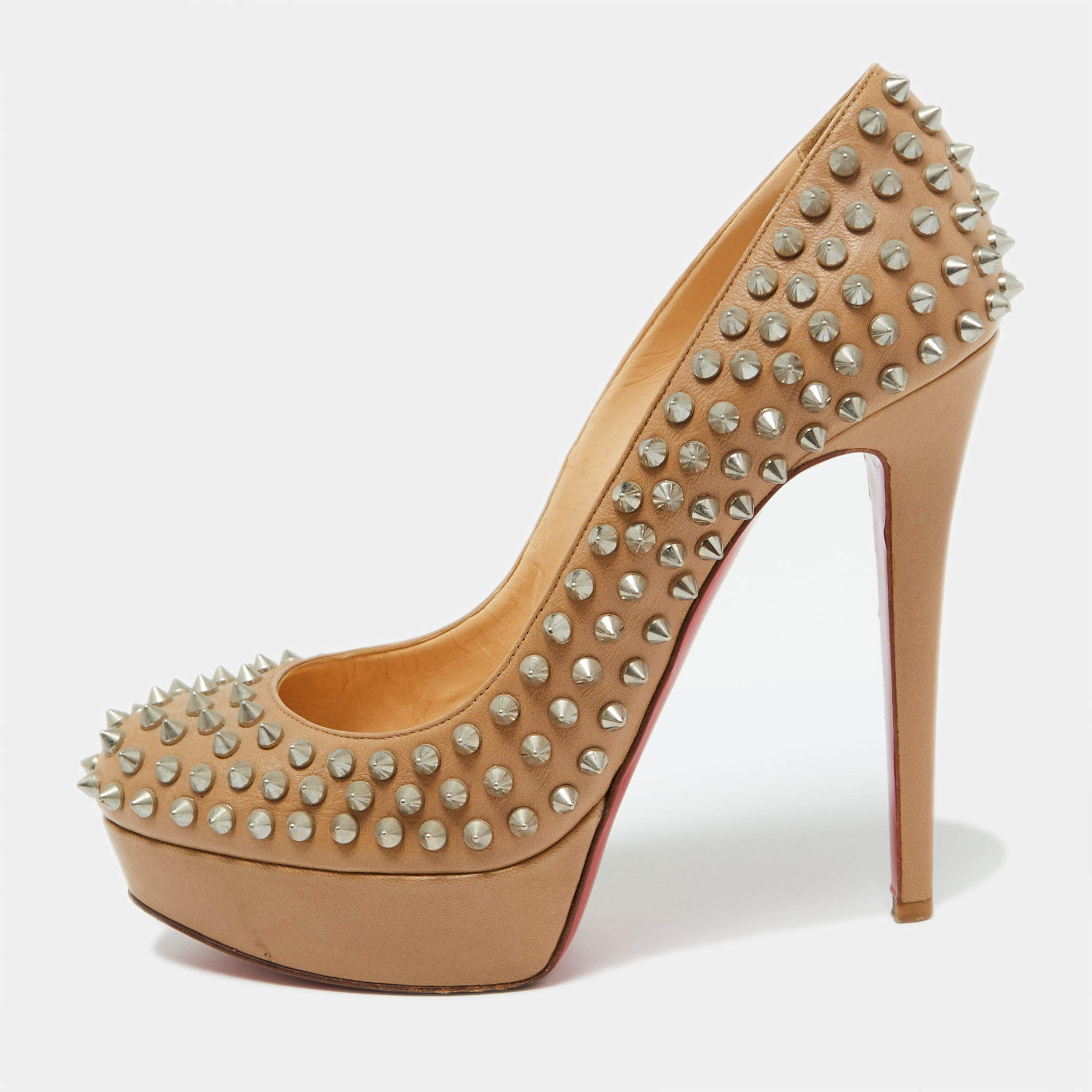 Christian Louboutin Beige Leather Bianca Spikes Platform Pumps Size 39.5