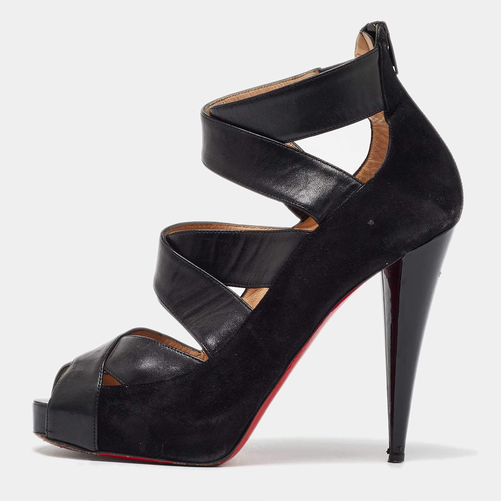 Pre Owned Christian Louboutin Black Leather and Suede Criss Cross Platform Pumps Size 39