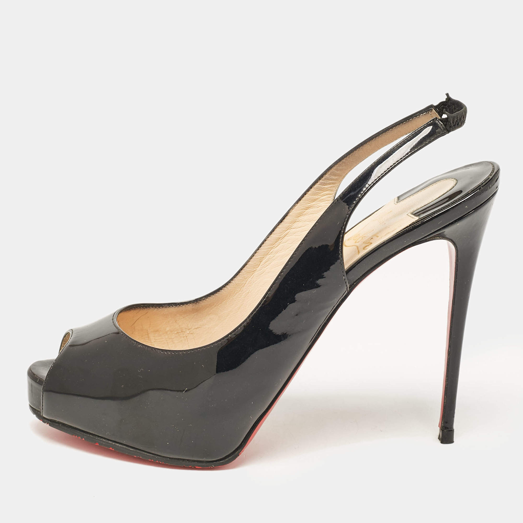 Christian Louboutin Black Patent Leather Private Number Slingback Pumps Size 38.5