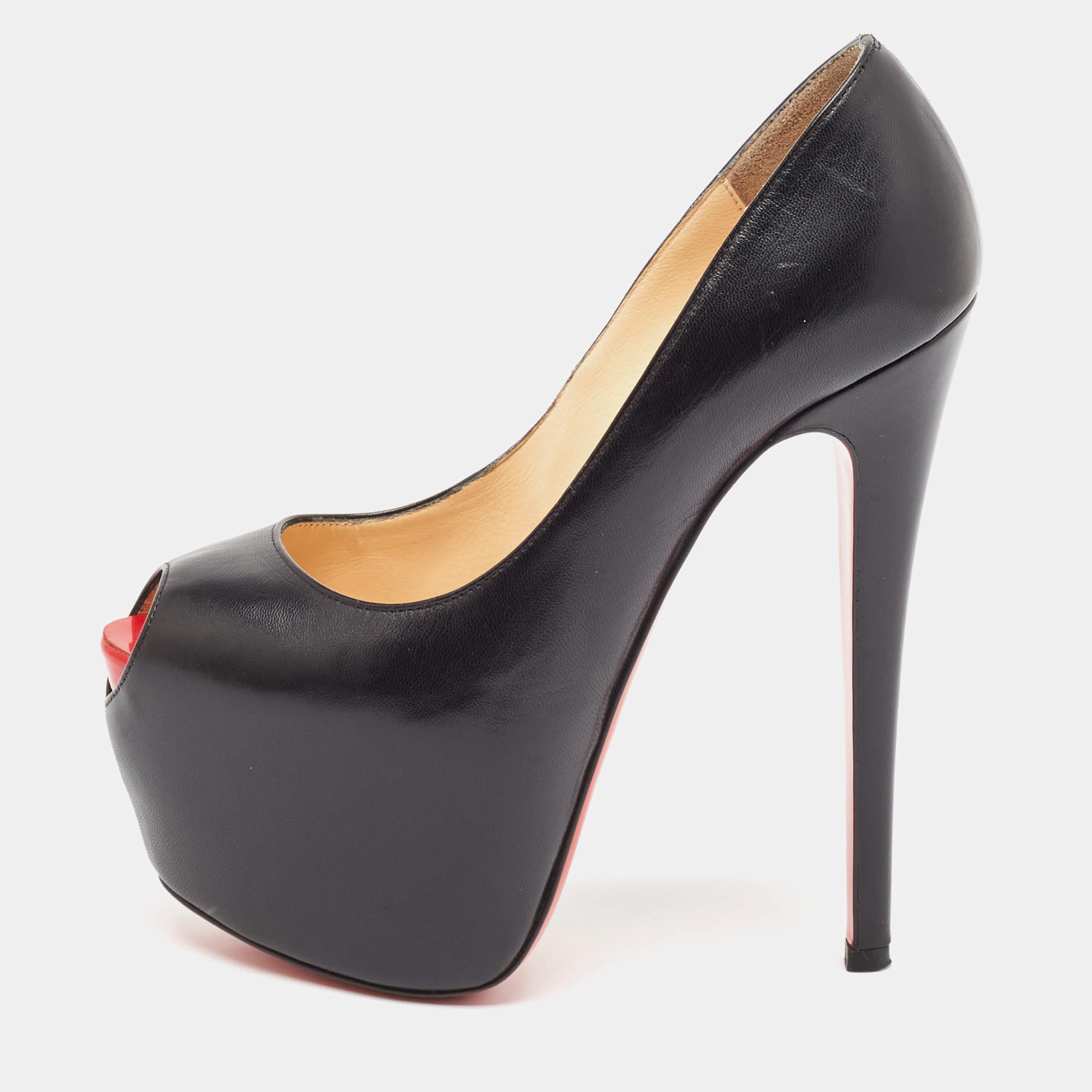 مملوكة مسبقًا Christian Louboutin Black Leather Highness Peep Toe Pumps Size 35.5