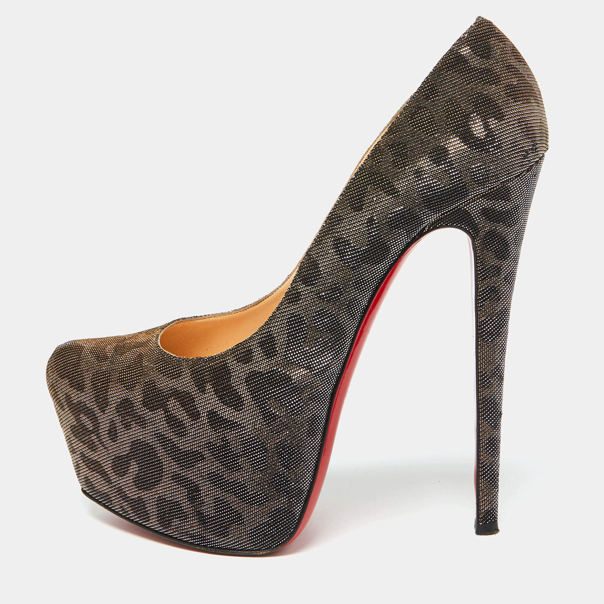 Christian Louboutin Metallic Lurex Fabric Leopard Print Daffodile Platform Pumps Size 40
