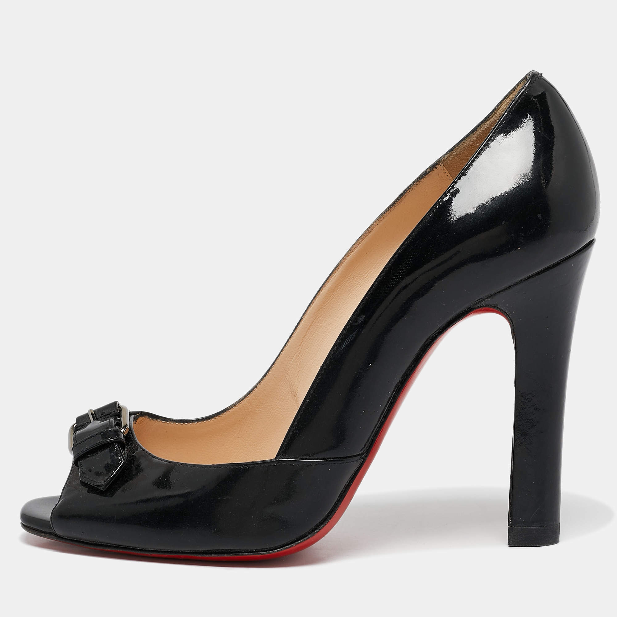 Pre Owned Christian Louboutin Black Patent Leather Buckle Detail Peep Toe Pumps Size 37.5