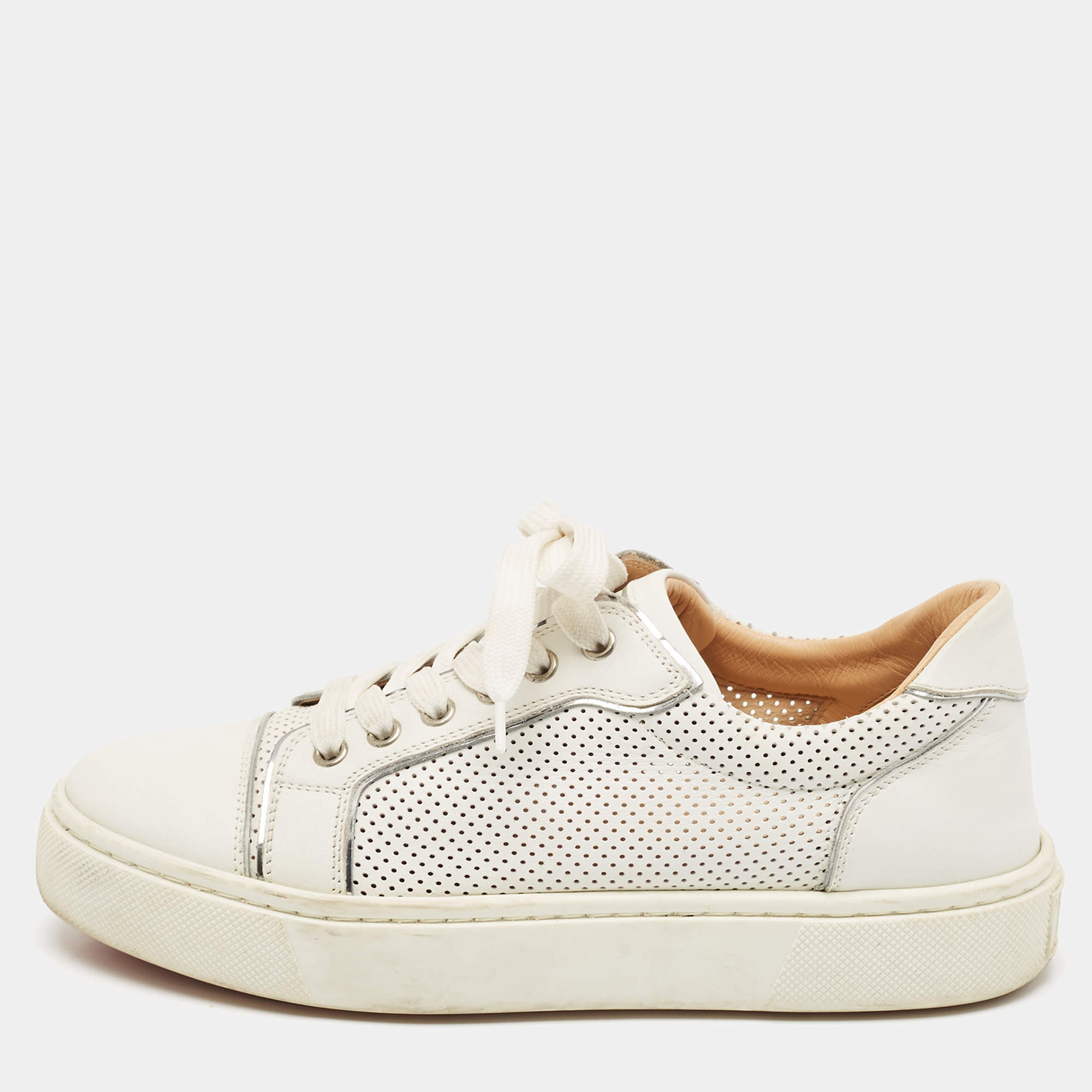 Christian Louboutin White Perforated Leather Vieirissima Sneakers Size 38.5