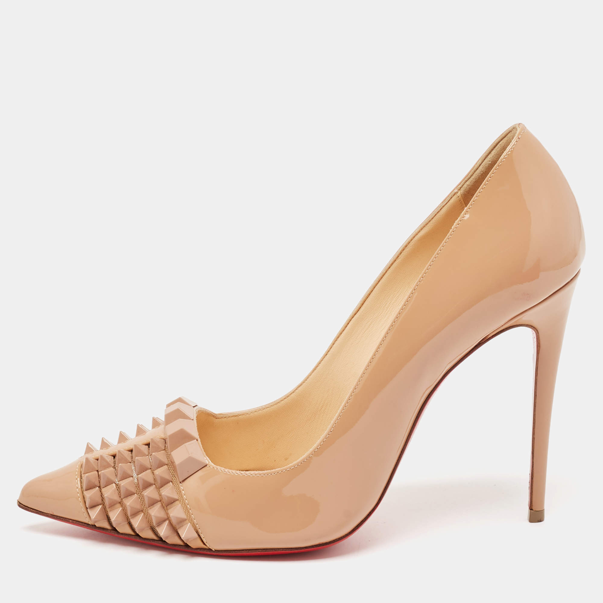 Pre Owned Christian Louboutin Beige Patent Leather Pyrami Pumps Size 37.5