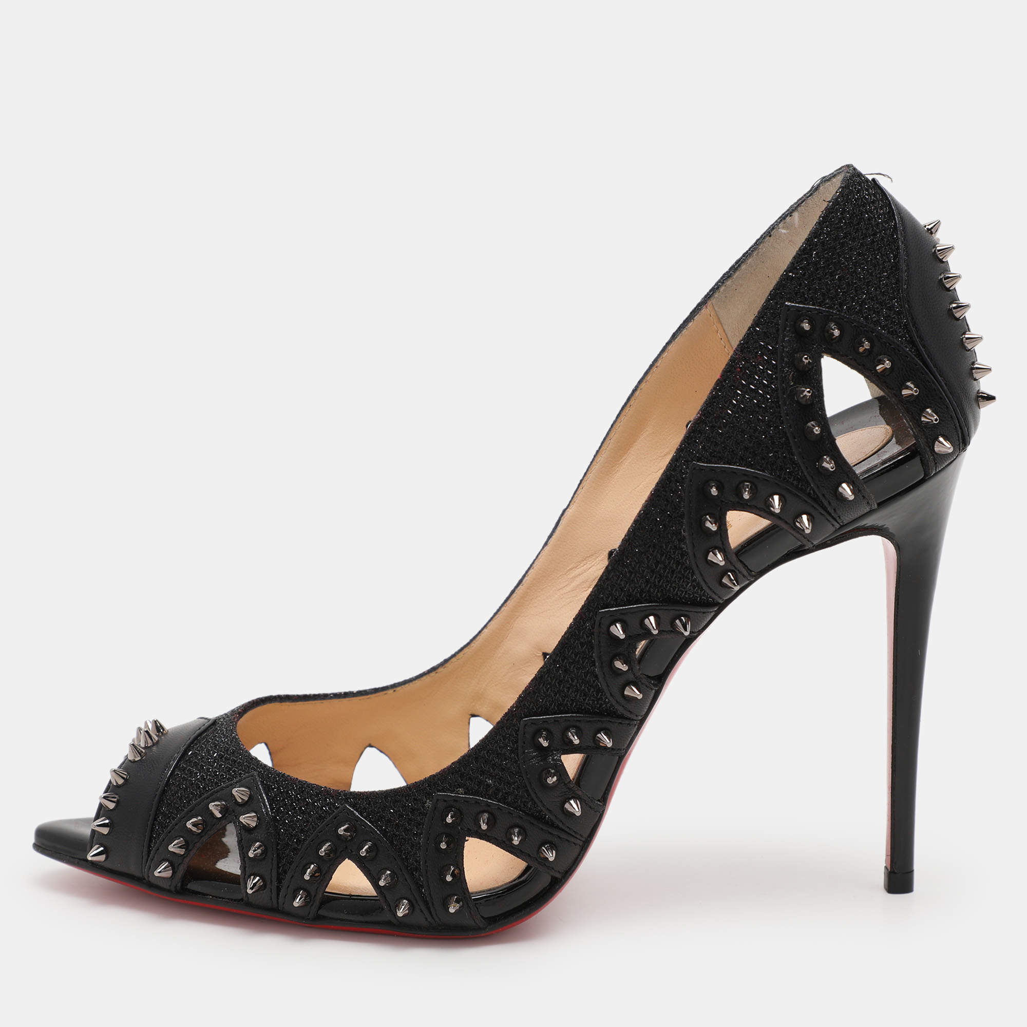 Christian Louboutin Black Leather and Lurex Fabric Spiked Circus City Pumps Size 37