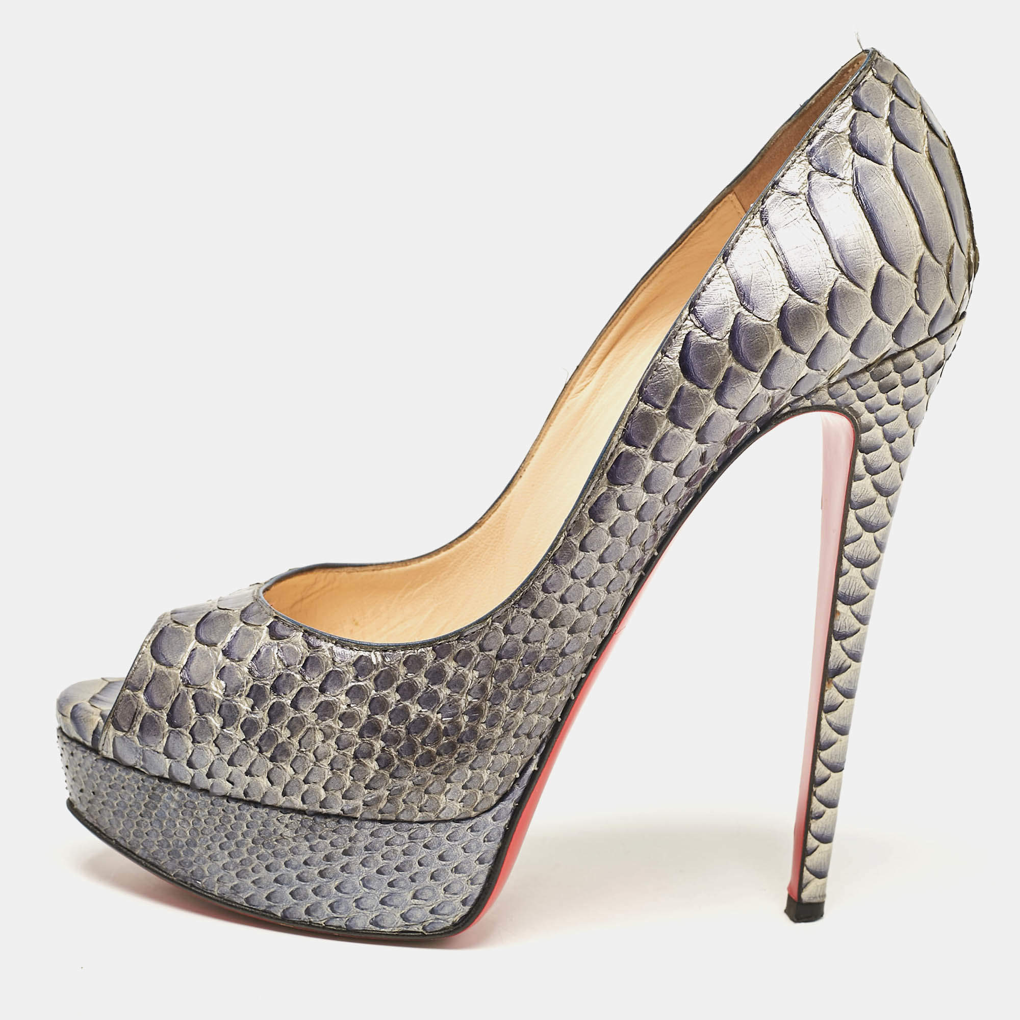 Pre Owned Christian Louboutin Metallic Blue Python Lady Peep Pumps Size 37.5